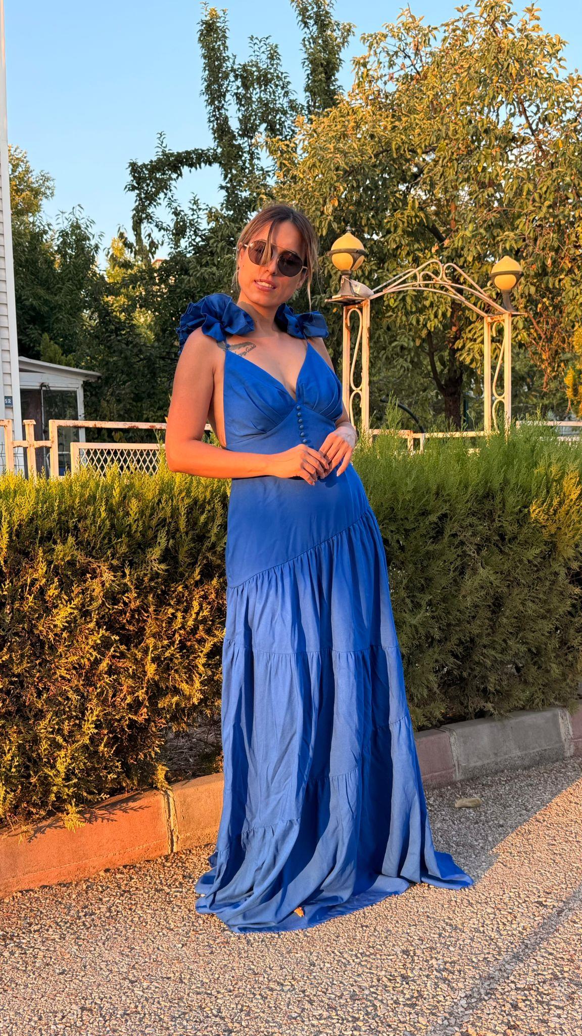 Saks Sırt Dekolteli Keten Elbise