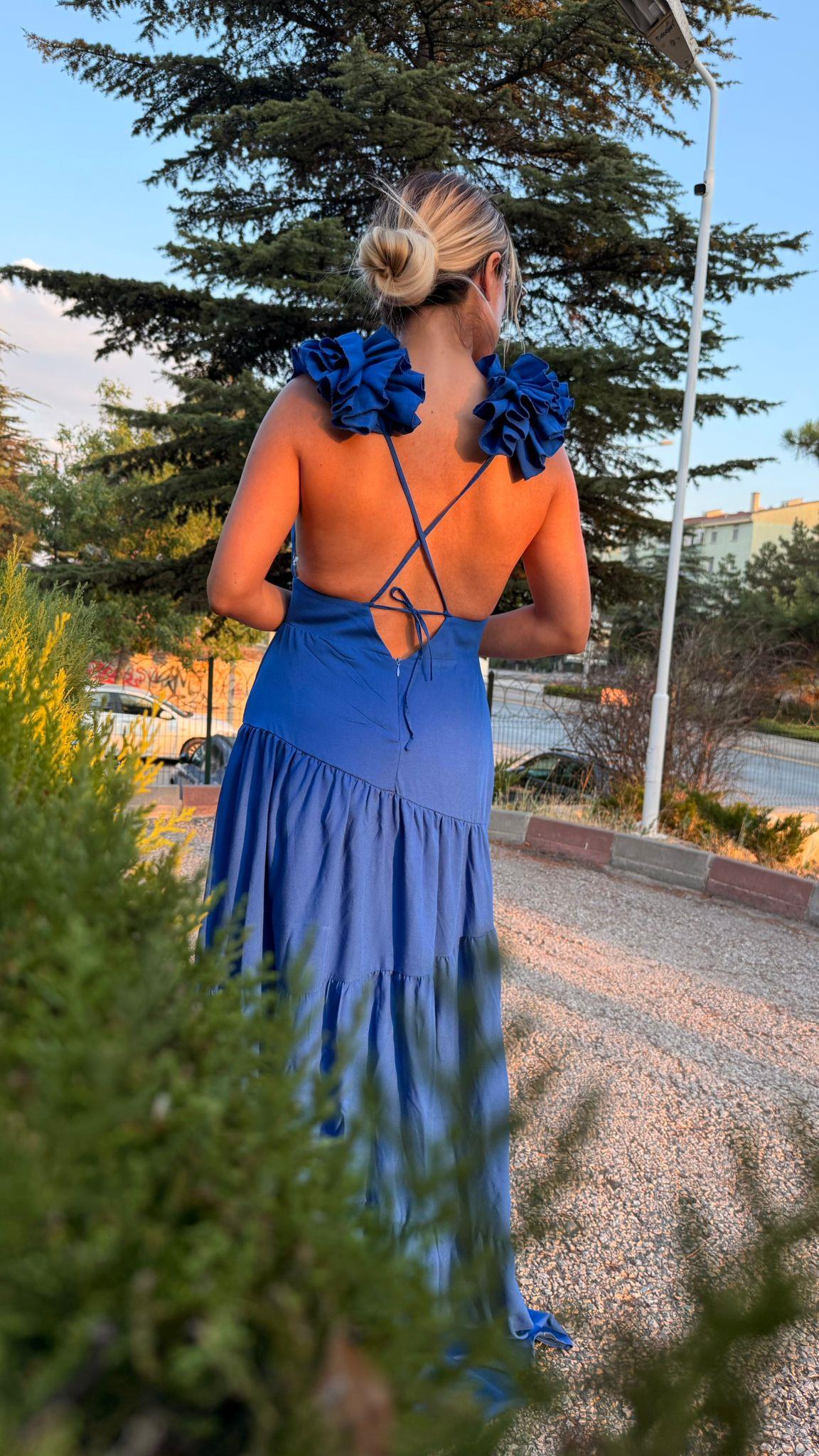 Saks Sırt Dekolteli Keten Elbise