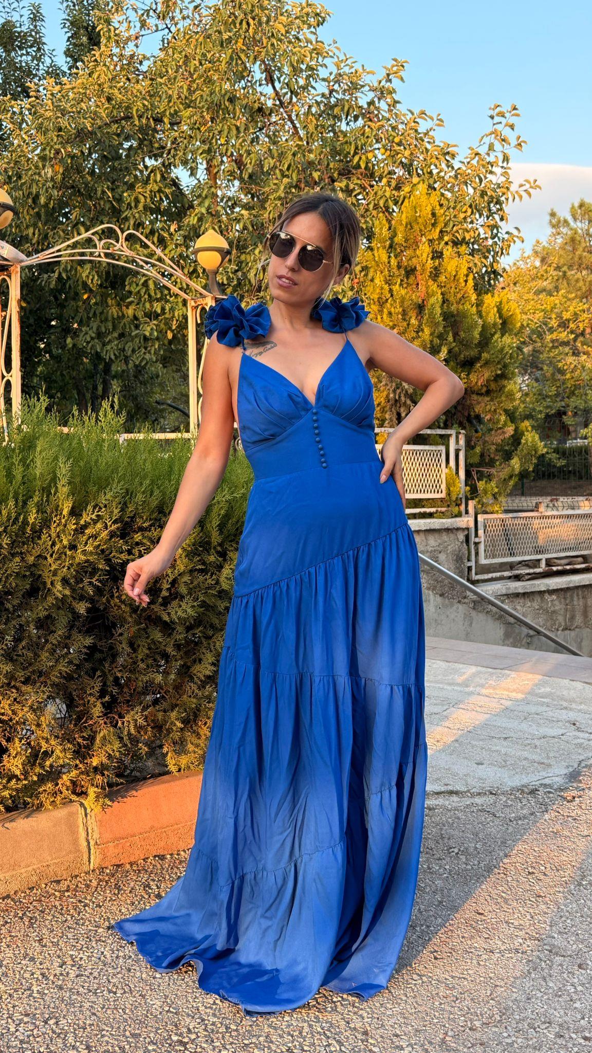 Saks Sırt Dekolteli Keten Elbise