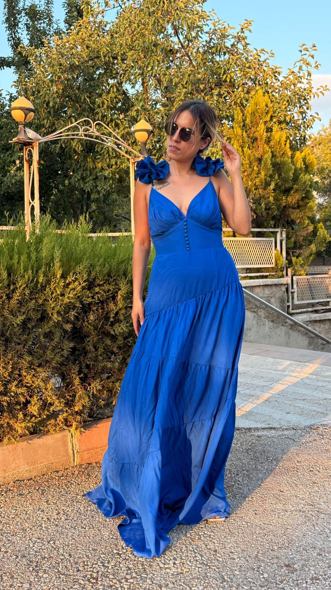 Saks Sırt Dekolteli Keten Elbise