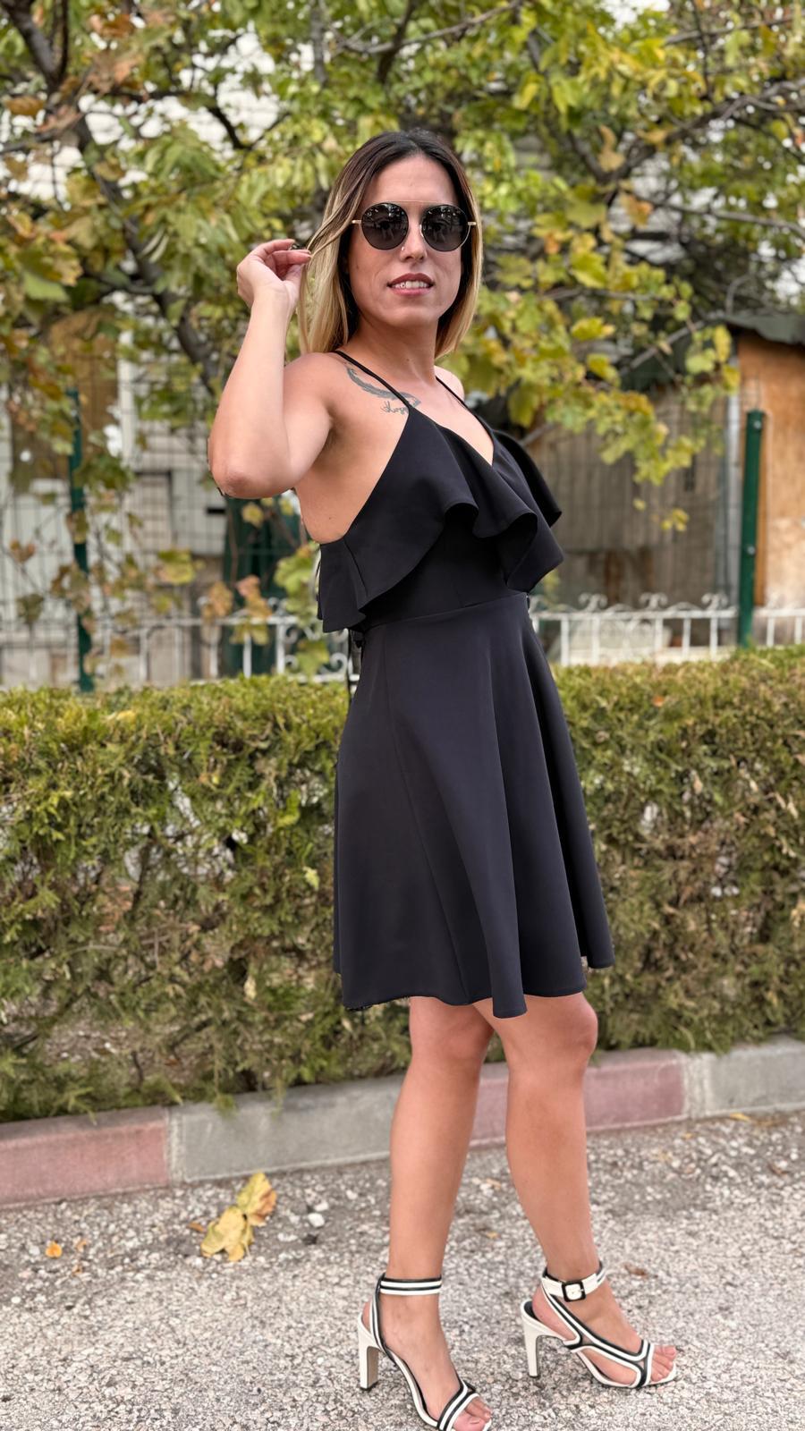 siyah askılı kiloş mini elbise