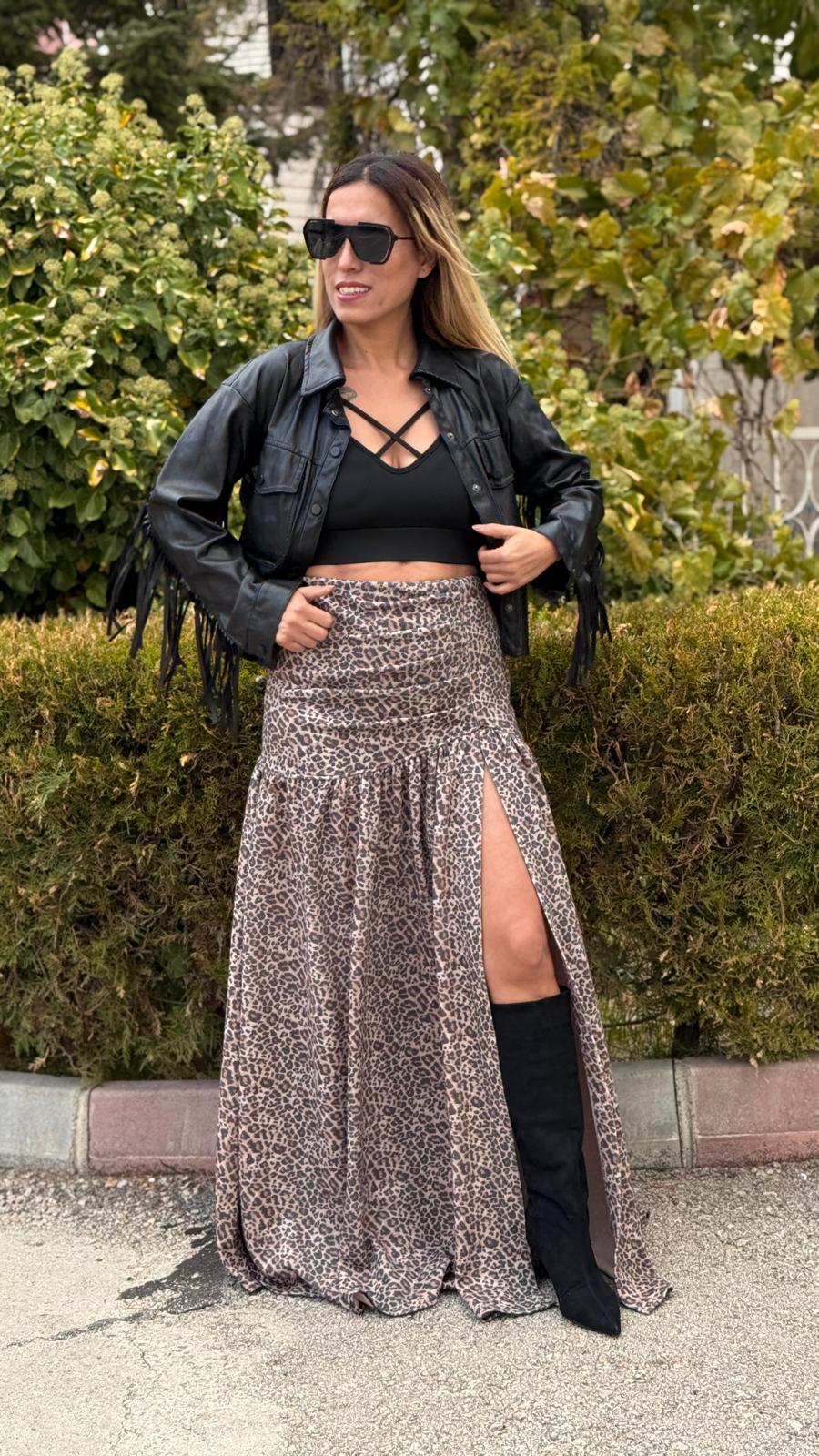 siyah camel leopar desenli derin yırtmaçlı likralı etek