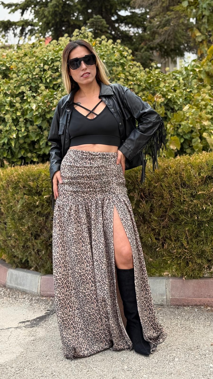 siyah camel leopar desenli derin yırtmaçlı likralı etek
