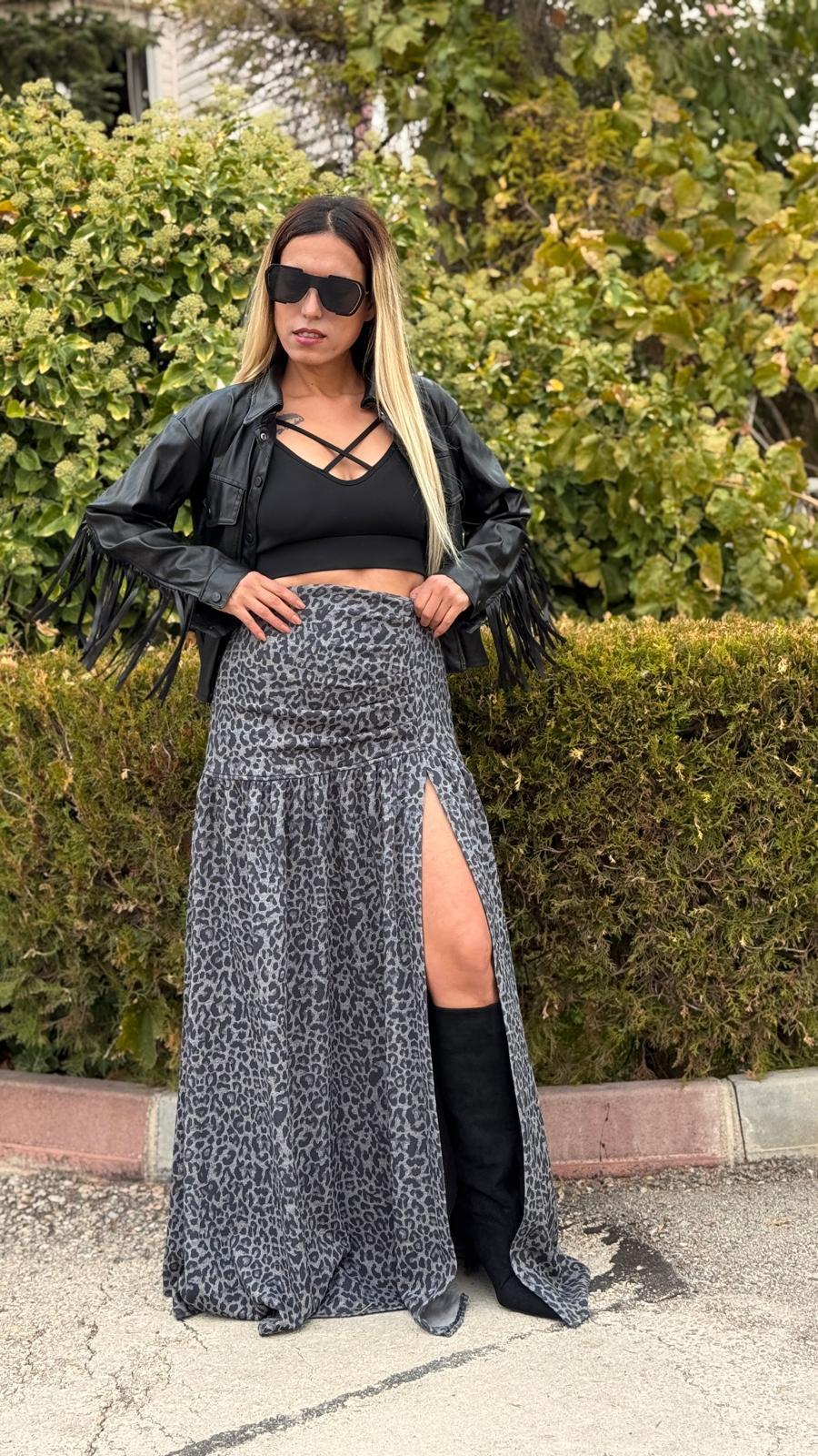 siyah gri leopar desenli derin yırtmaçlı likralı etek