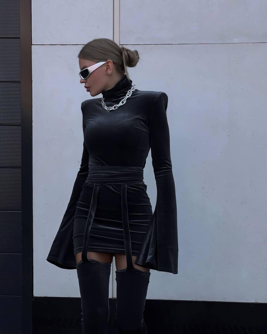 Siyah Kadife Elbise Pantolon Takım