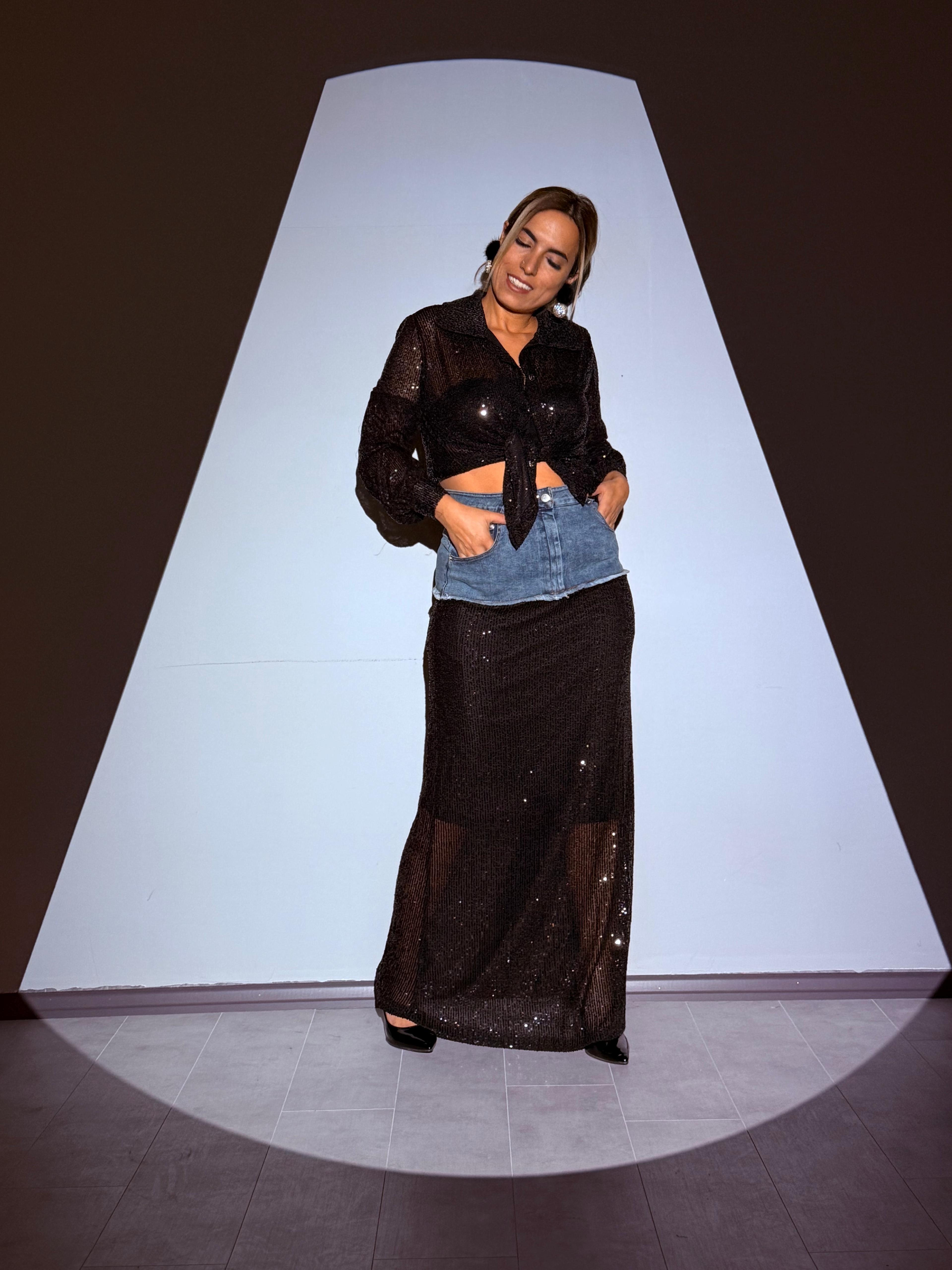 Siyah Payetli Kot Garnili Tasarım Etek