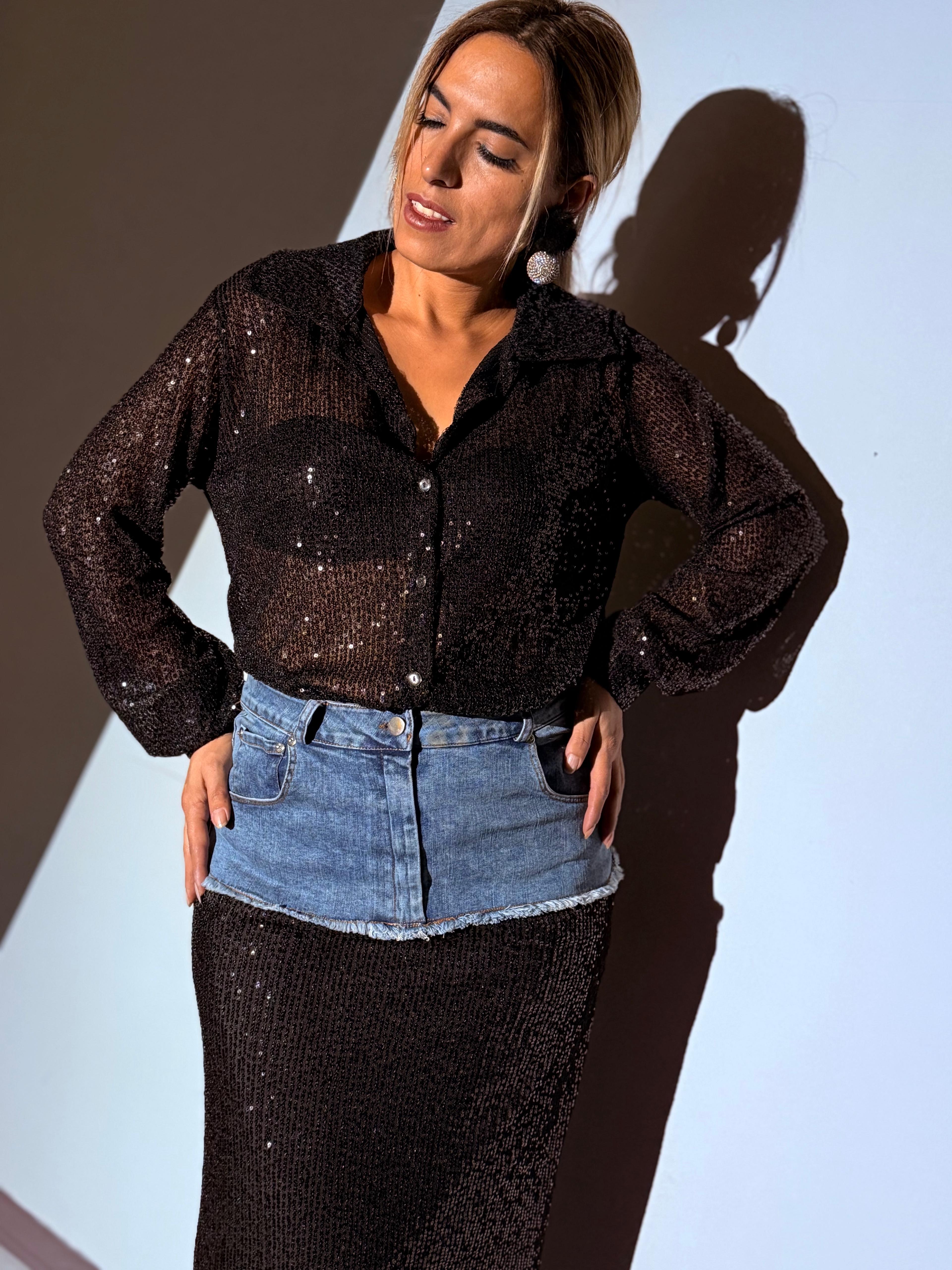 Siyah Payetli Kot Garnili Tasarım Etek