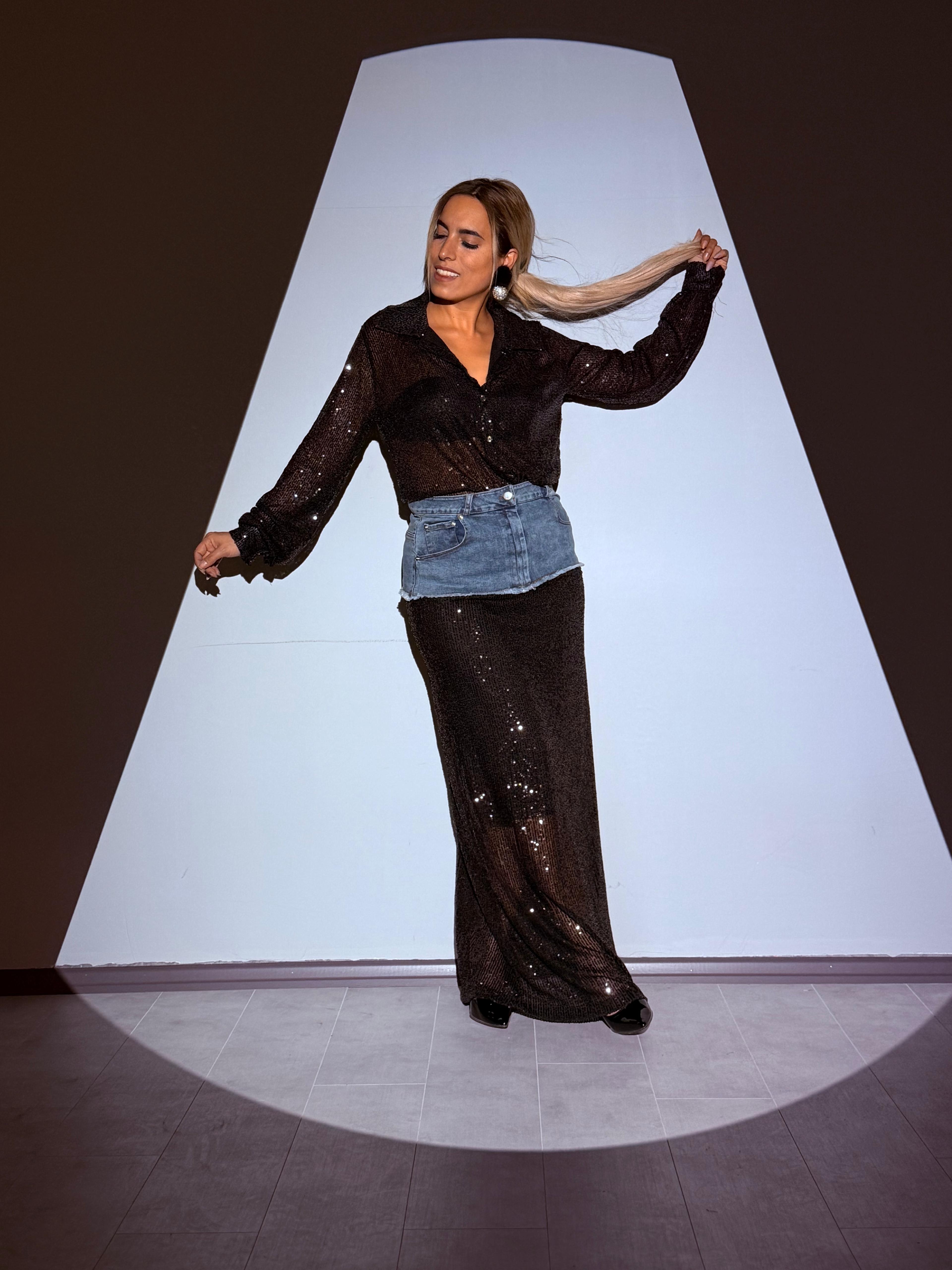 Siyah Payetli Kot Garnili Tasarım Etek