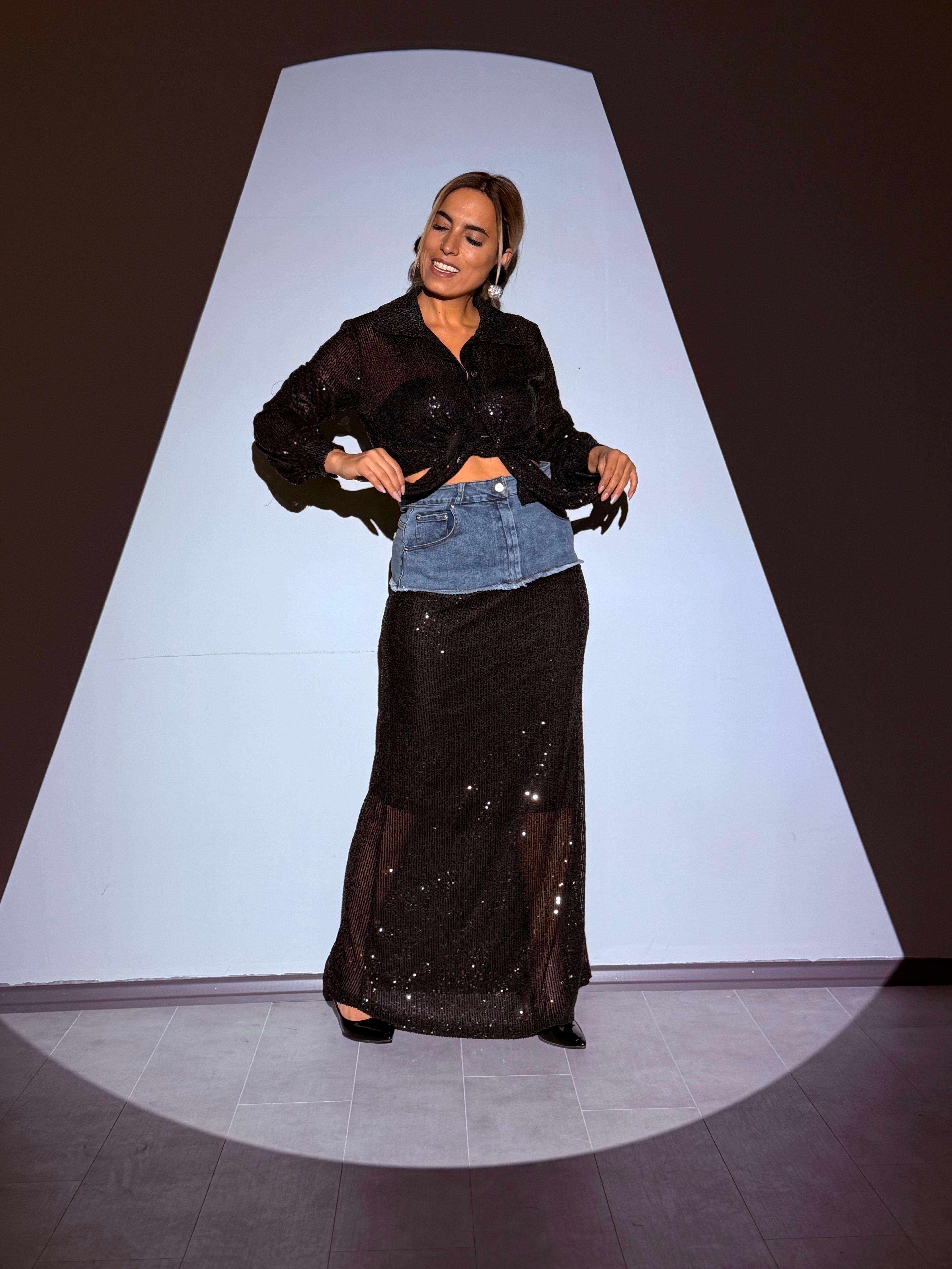 Siyah Payetli Kot Garnili Tasarım Etek