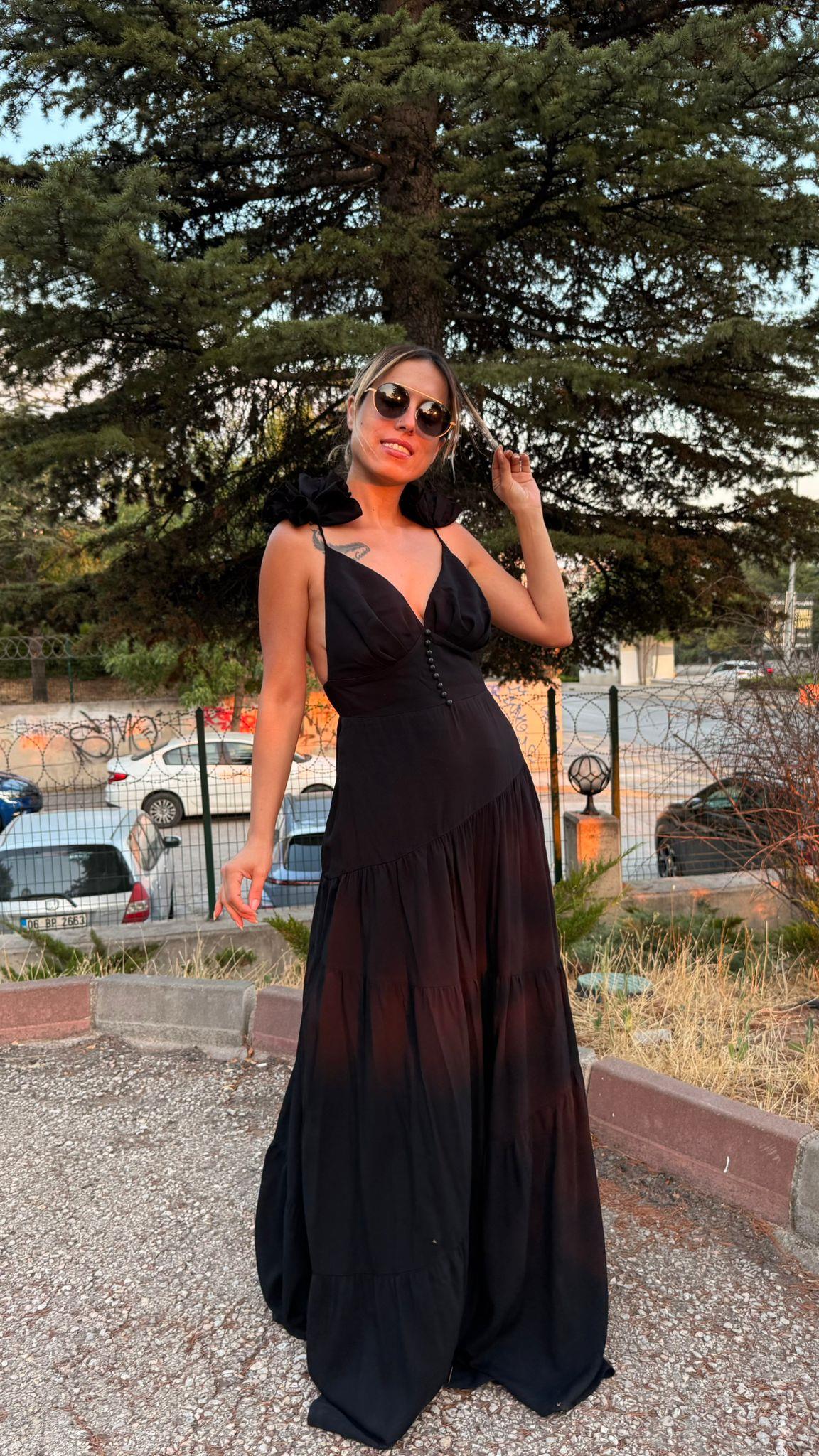 Siyahl Sırt Dekolteli Keten Elbise