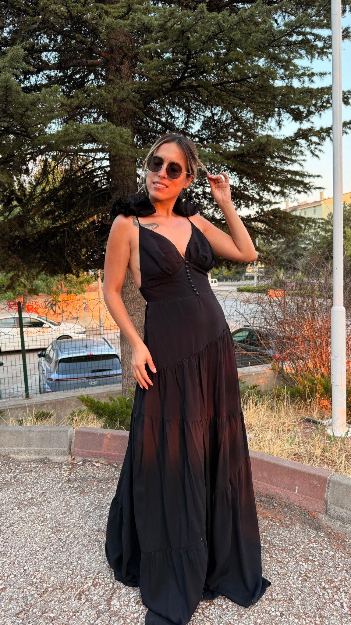 Siyahl Sırt Dekolteli Keten Elbise