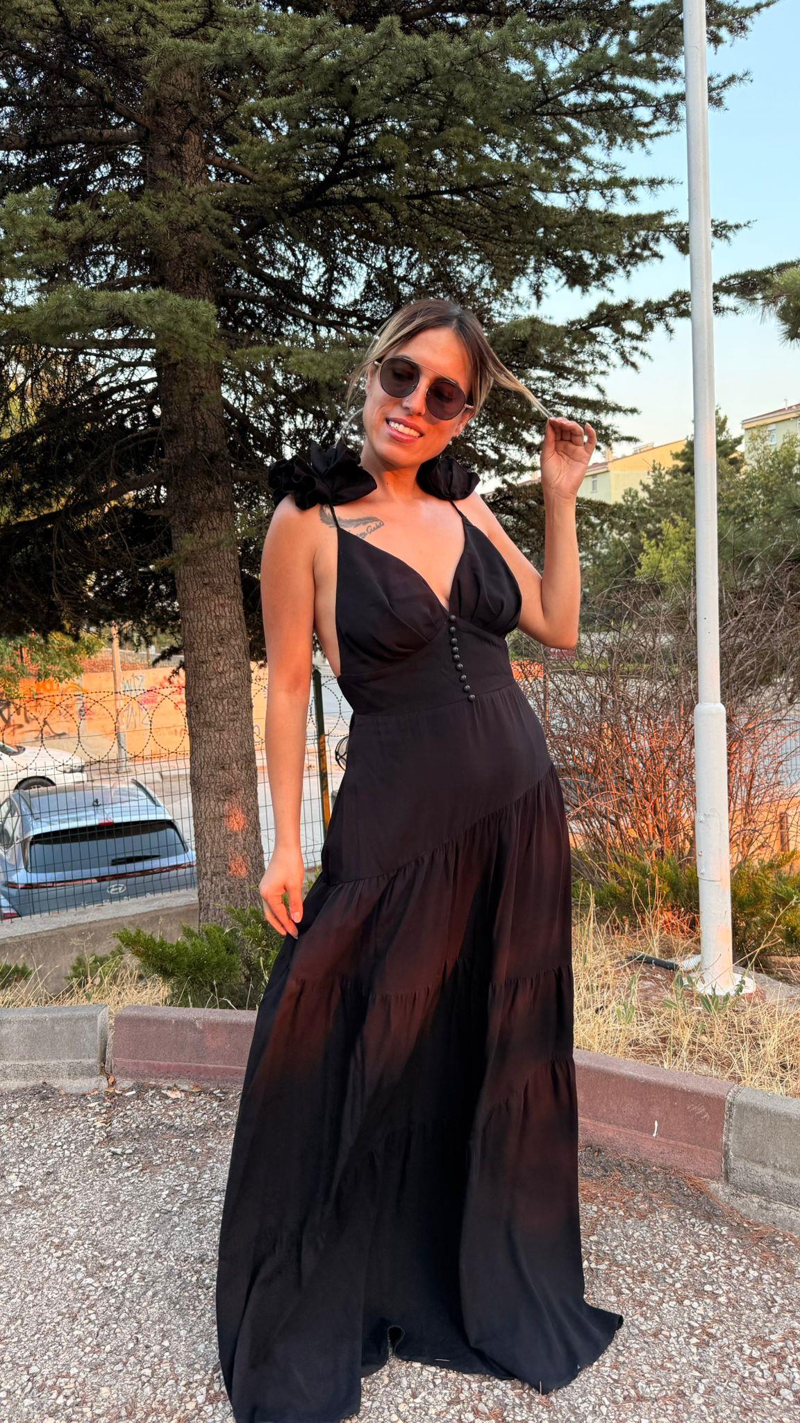 Siyahl Sırt Dekolteli Keten Elbise