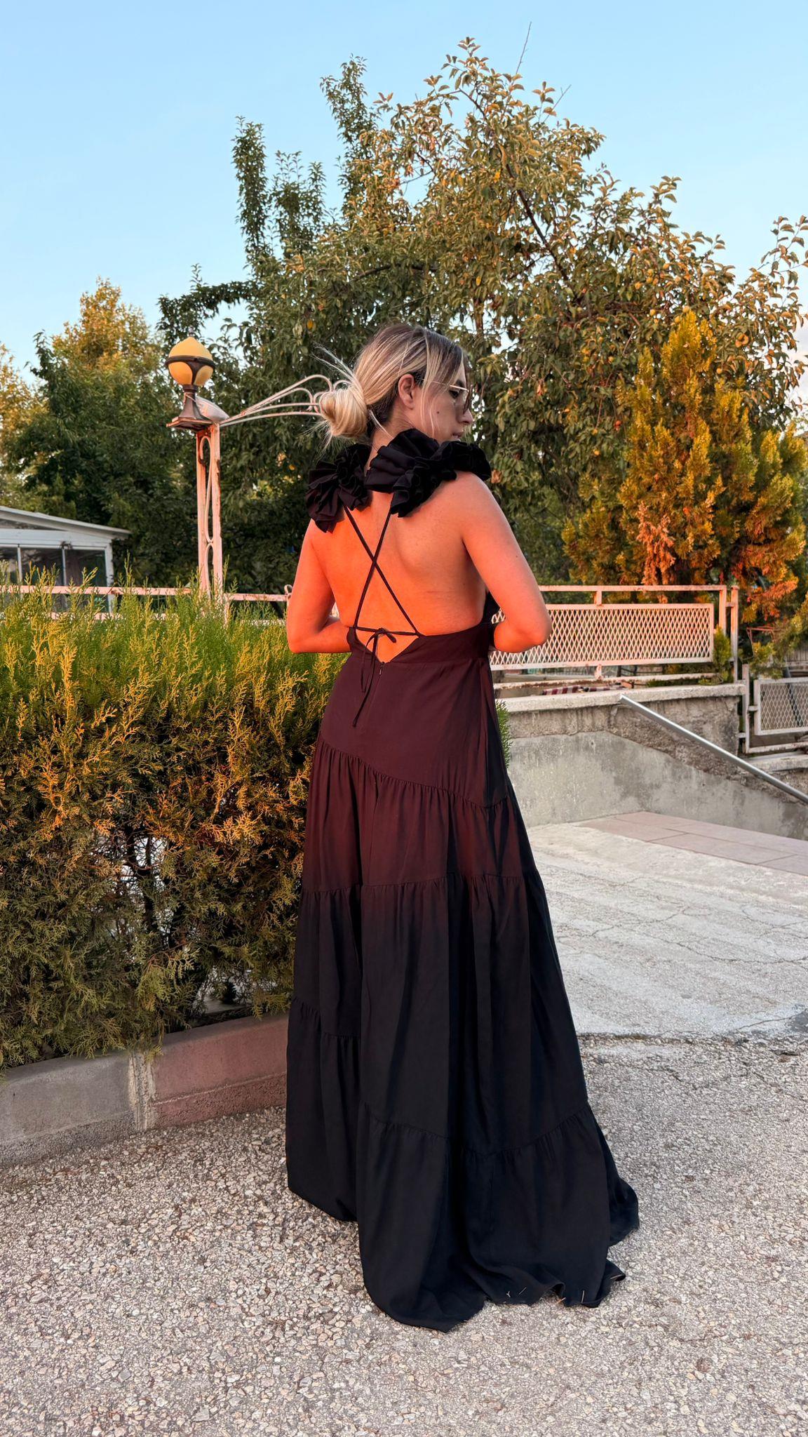 Siyahl Sırt Dekolteli Keten Elbise