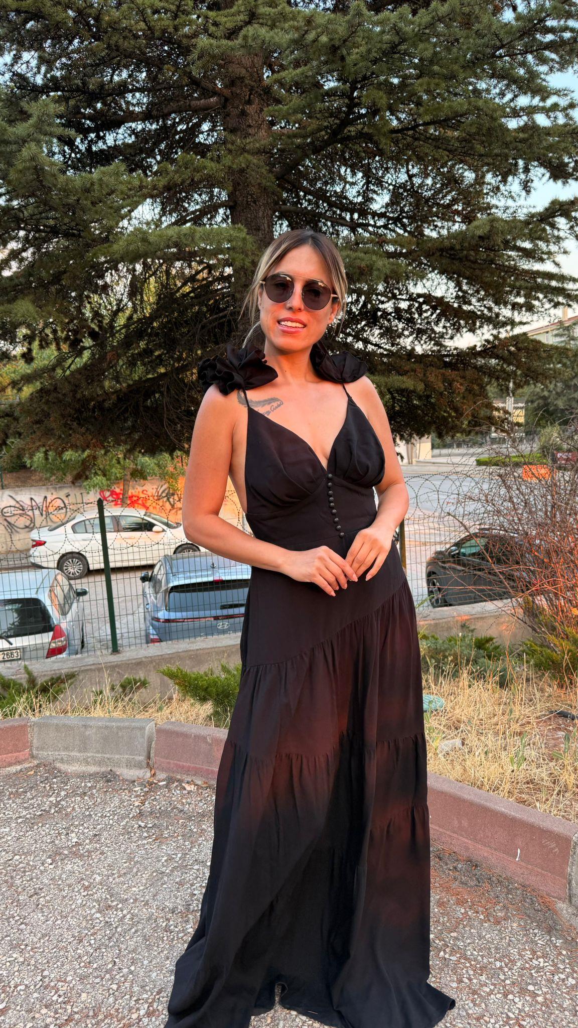 Siyahl Sırt Dekolteli Keten Elbise