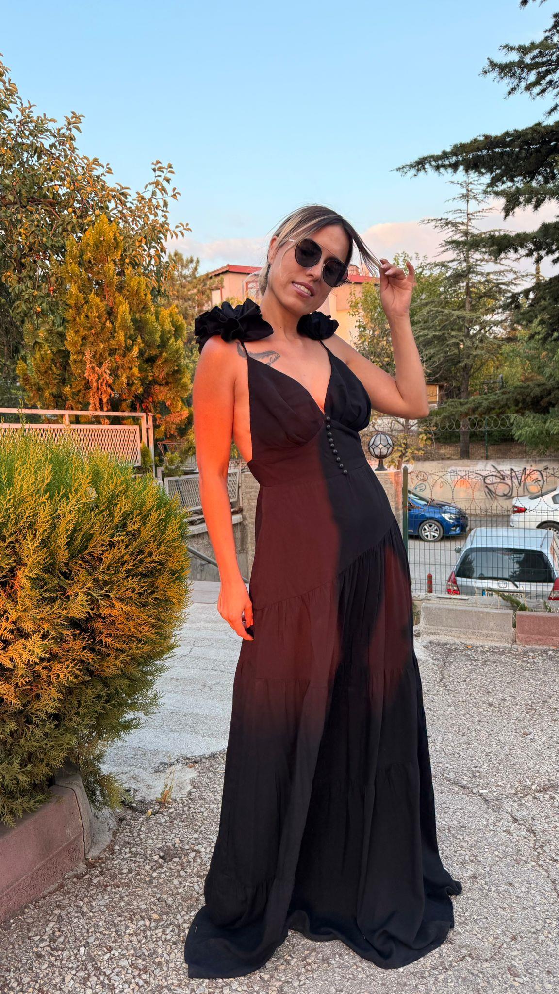 Siyahl Sırt Dekolteli Keten Elbise