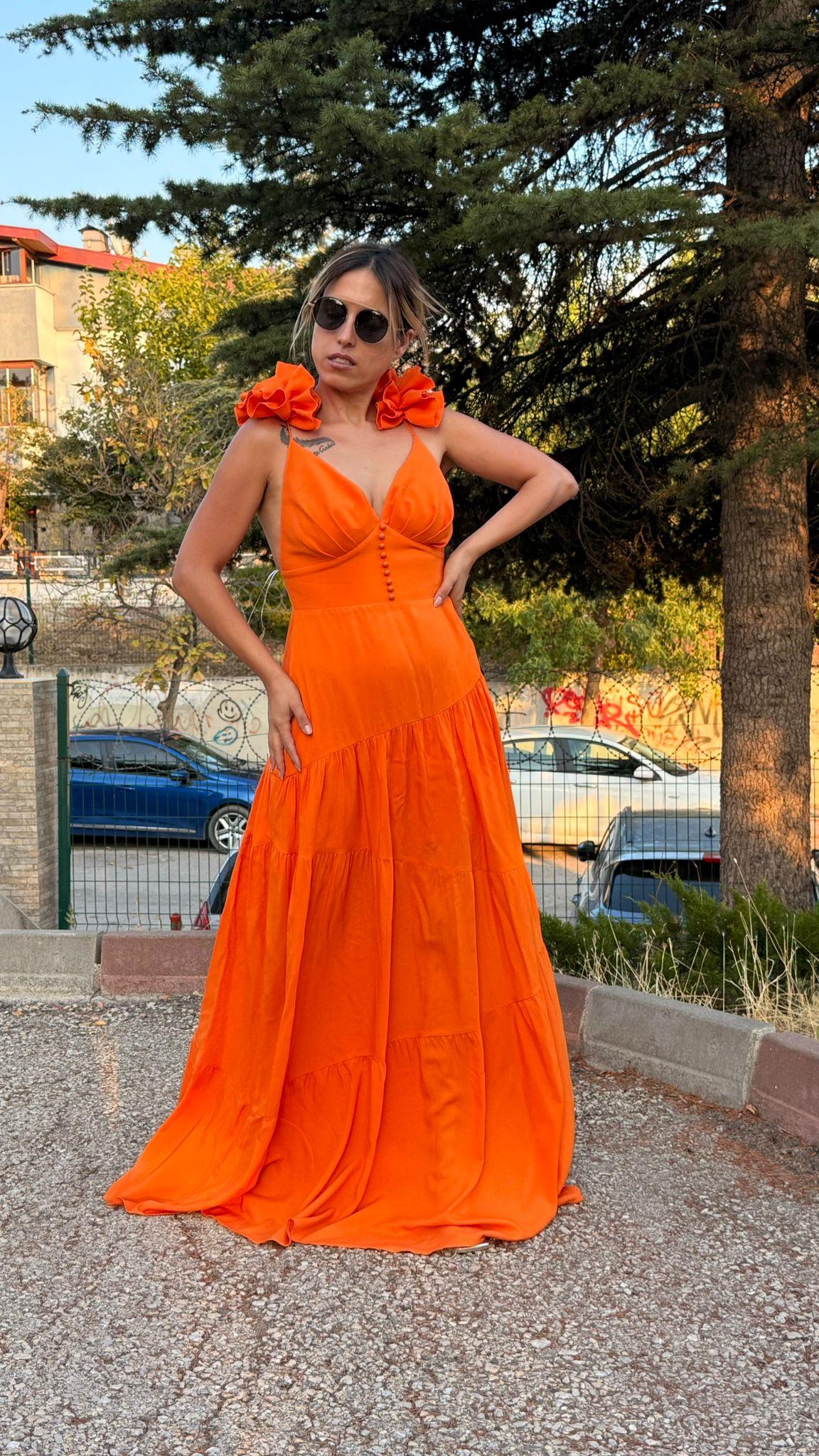 Turuncu  Sırt Dekolteli Keten Elbise