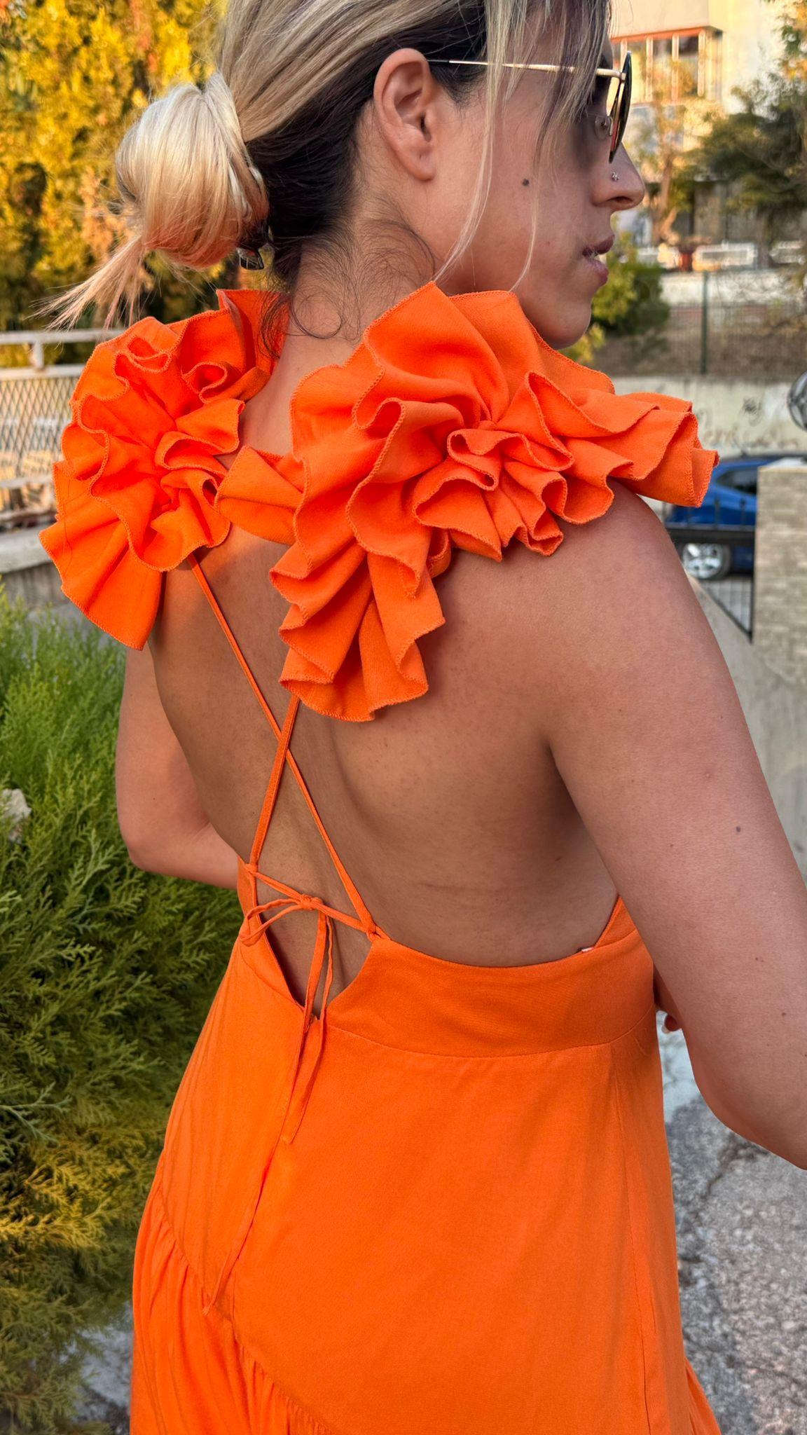 Turuncu  Sırt Dekolteli Keten Elbise