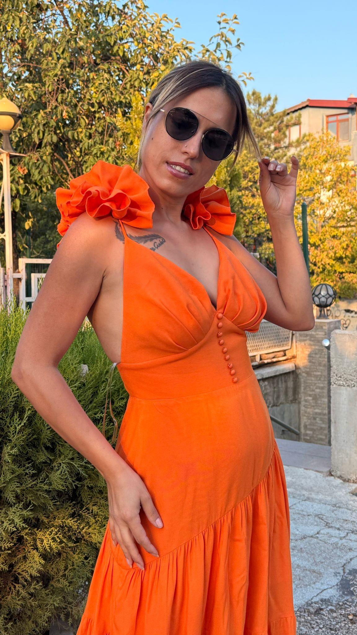 Turuncu  Sırt Dekolteli Keten Elbise