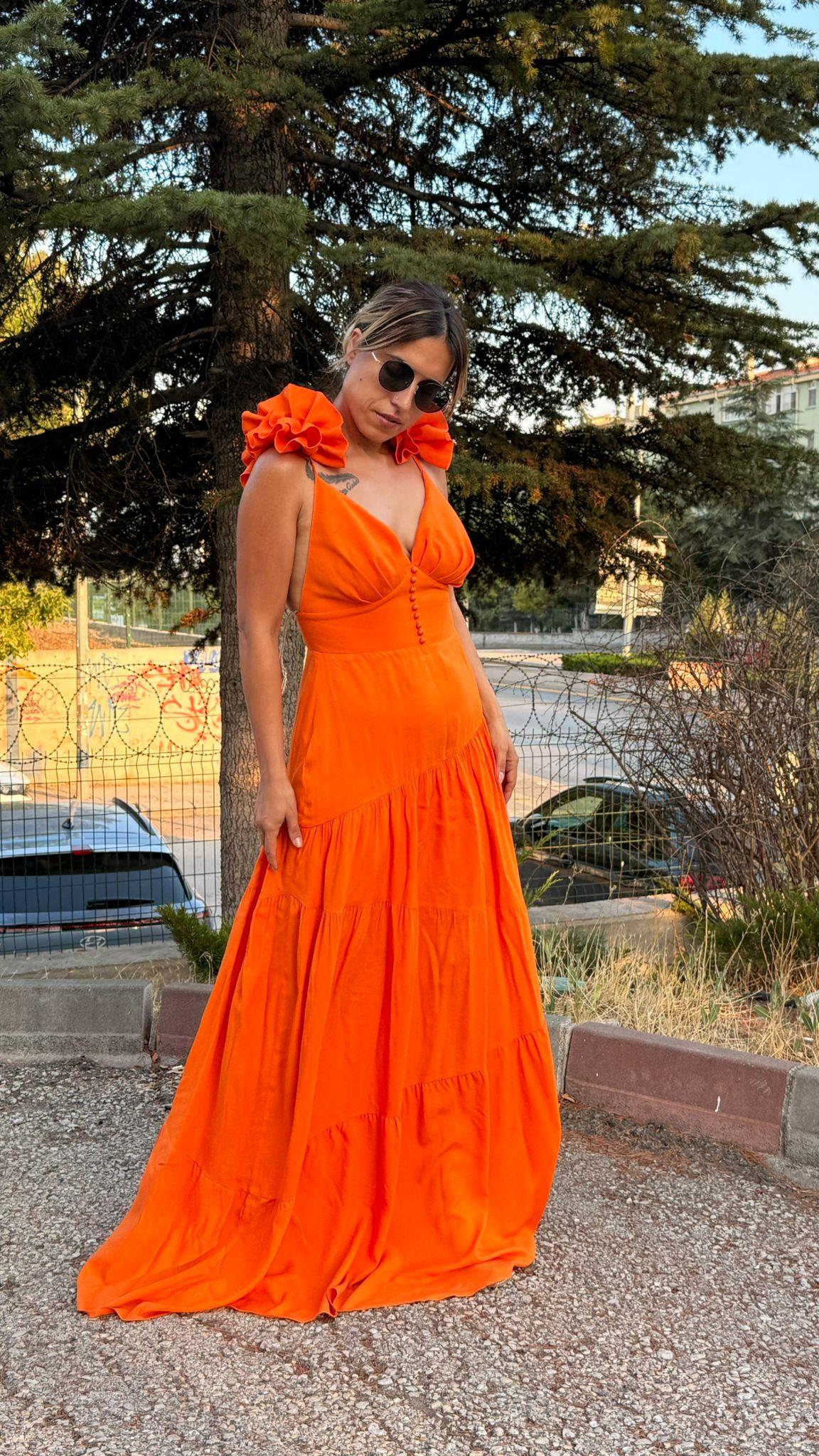 Turuncu  Sırt Dekolteli Keten Elbise