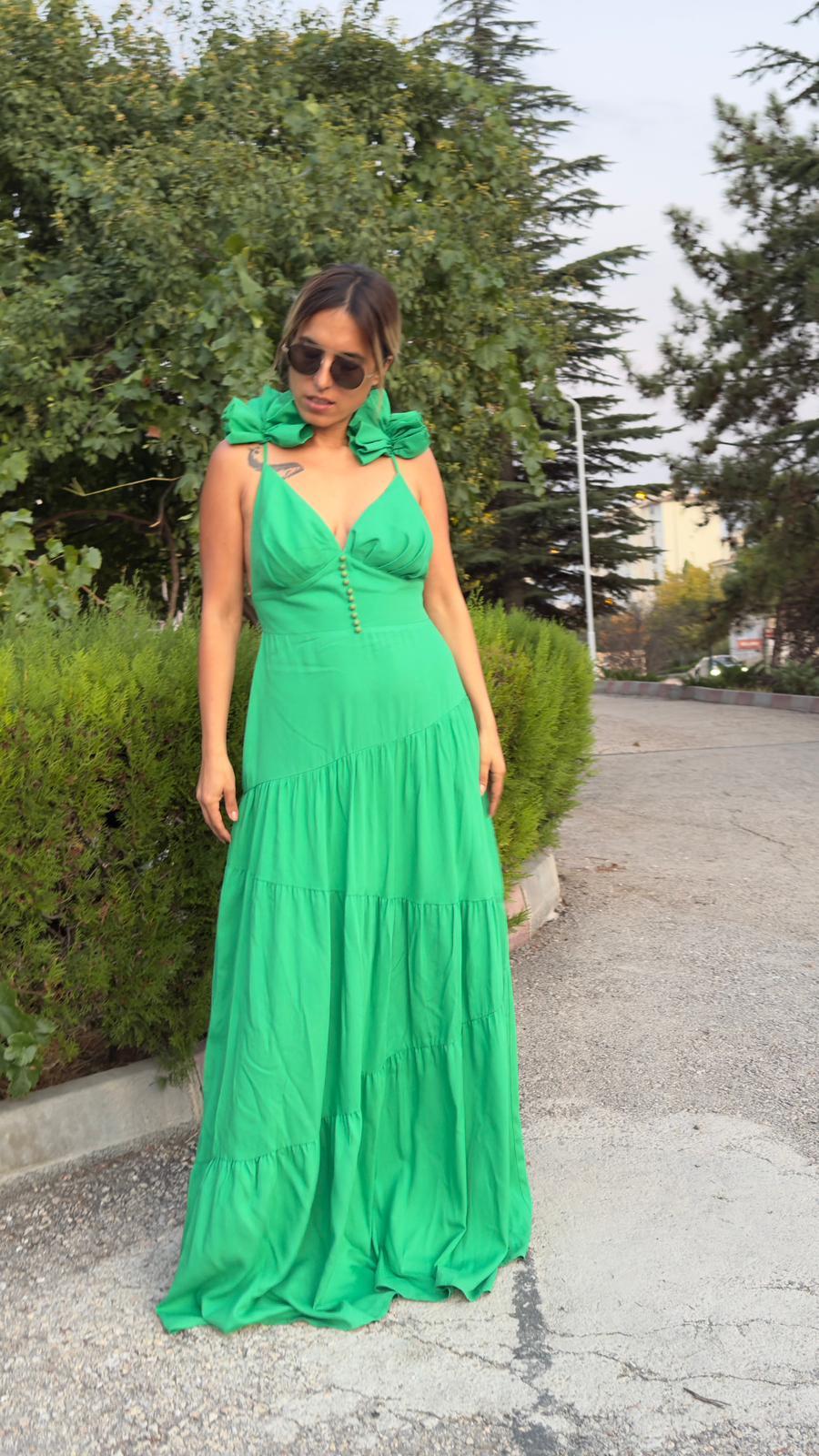 Yeşil Sırt Dekolteli Keten Elbise