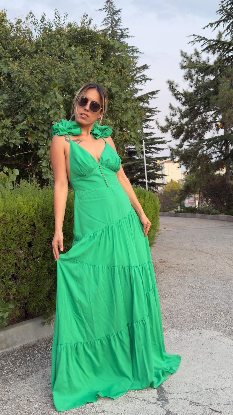 Yeşil Sırt Dekolteli Keten Elbise