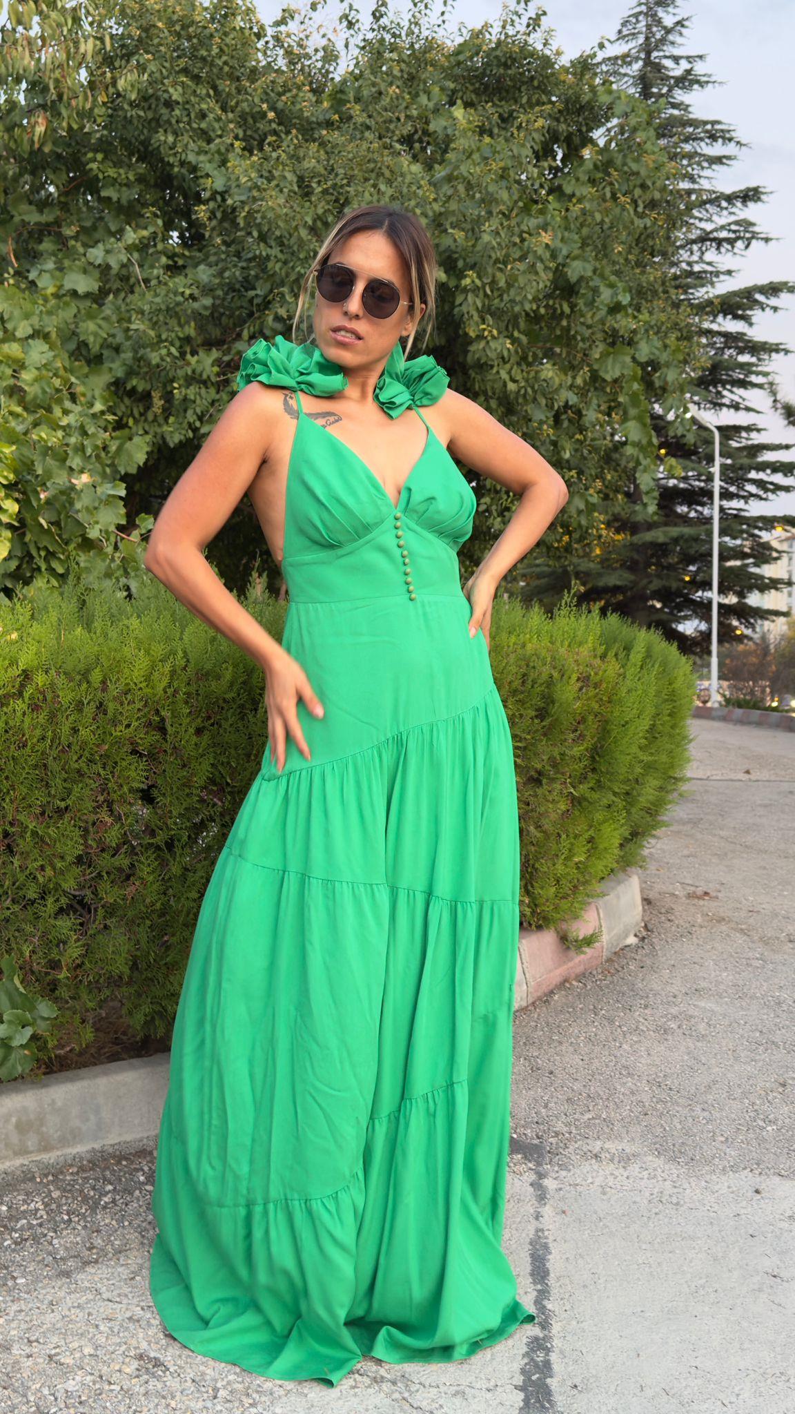Yeşil Sırt Dekolteli Keten Elbise