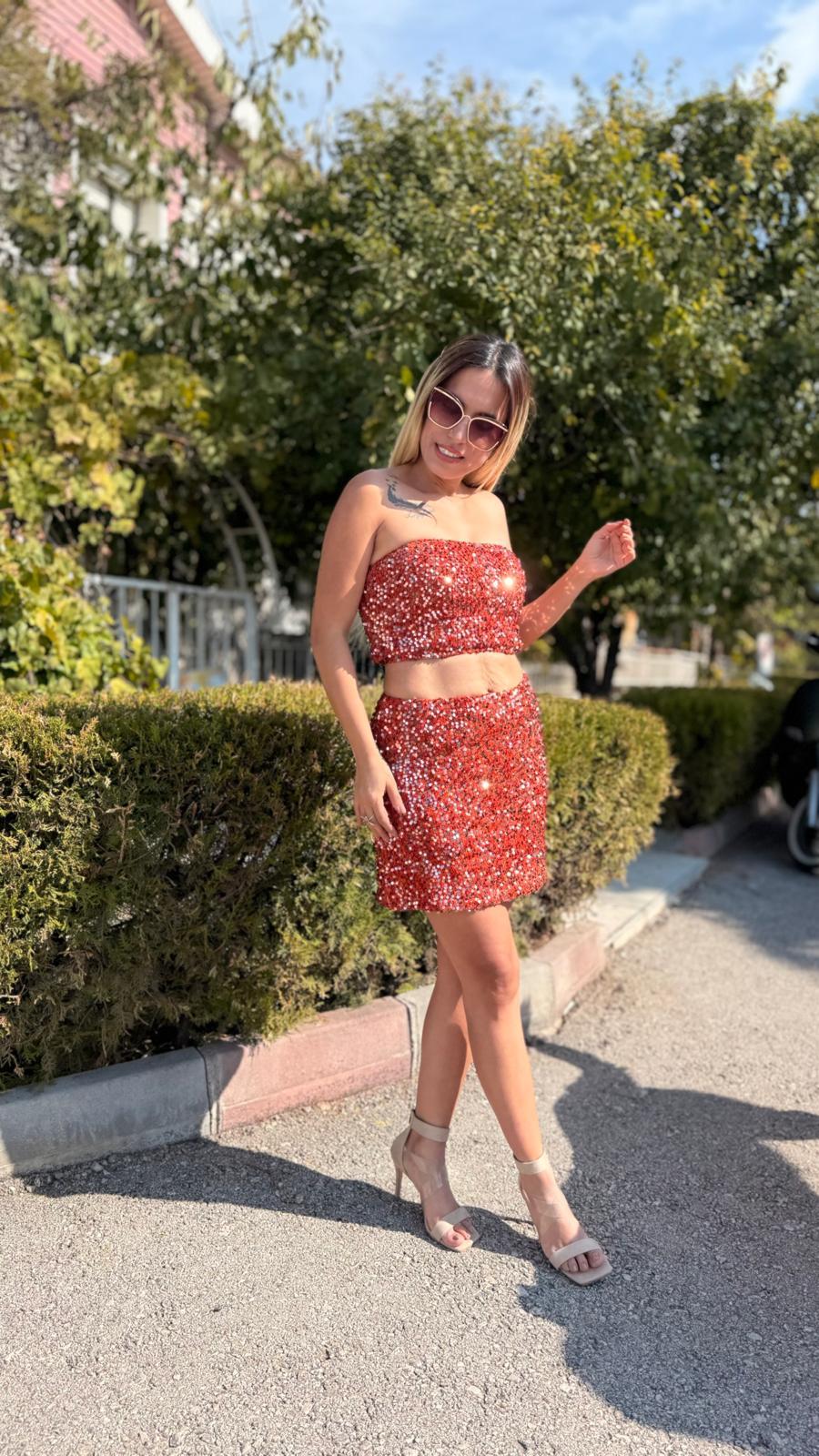 zara payet turuncu alt üst takım