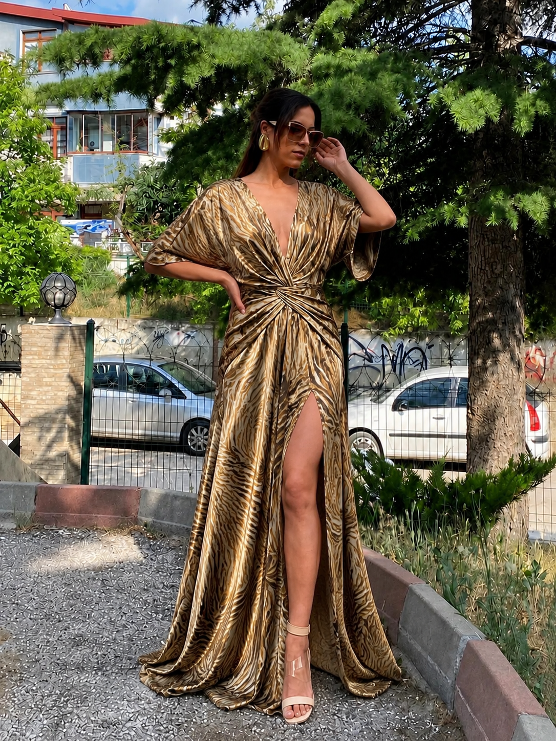 zebra desen saten tasarım elbise