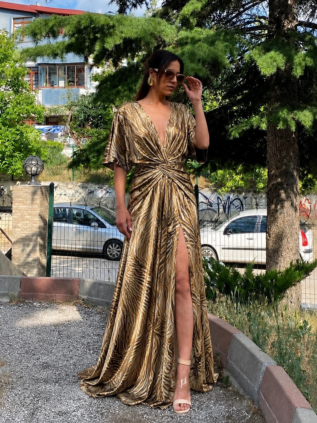 zebra desen saten tasarım elbise