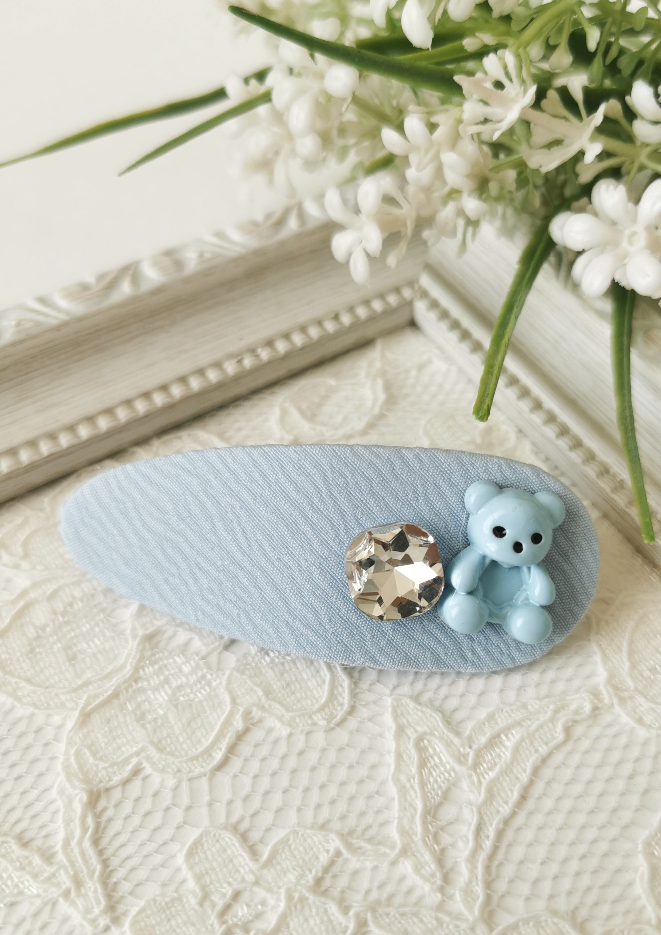 Ayıcık Figürlü Mavi Kumaş Çıt Çıt Çocuk Tokası 7,5x3 cm
