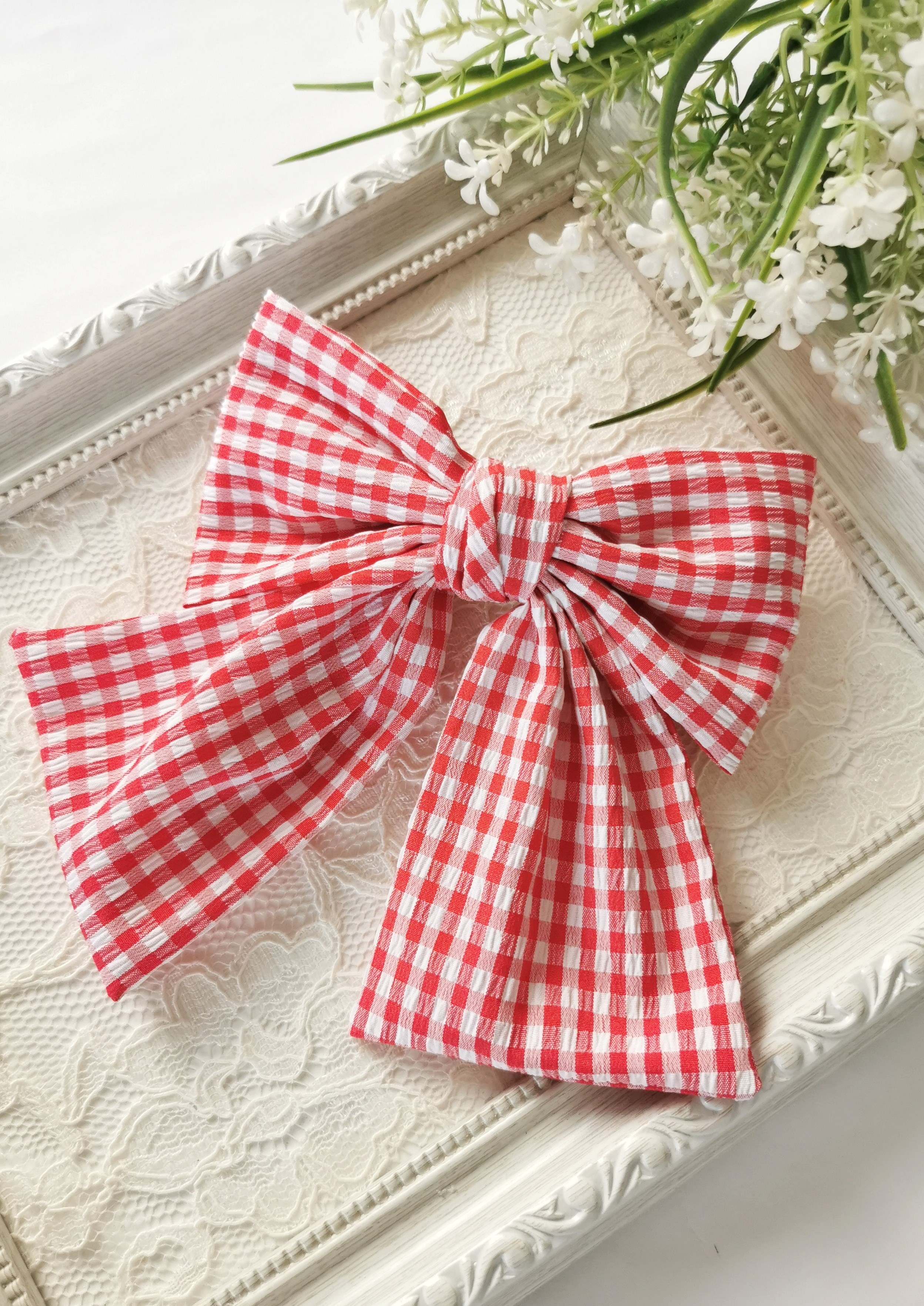 Kırmızı Beyaz Pötikare Fiyonk Otomatik Klipsli Toka 14 x 14 cm