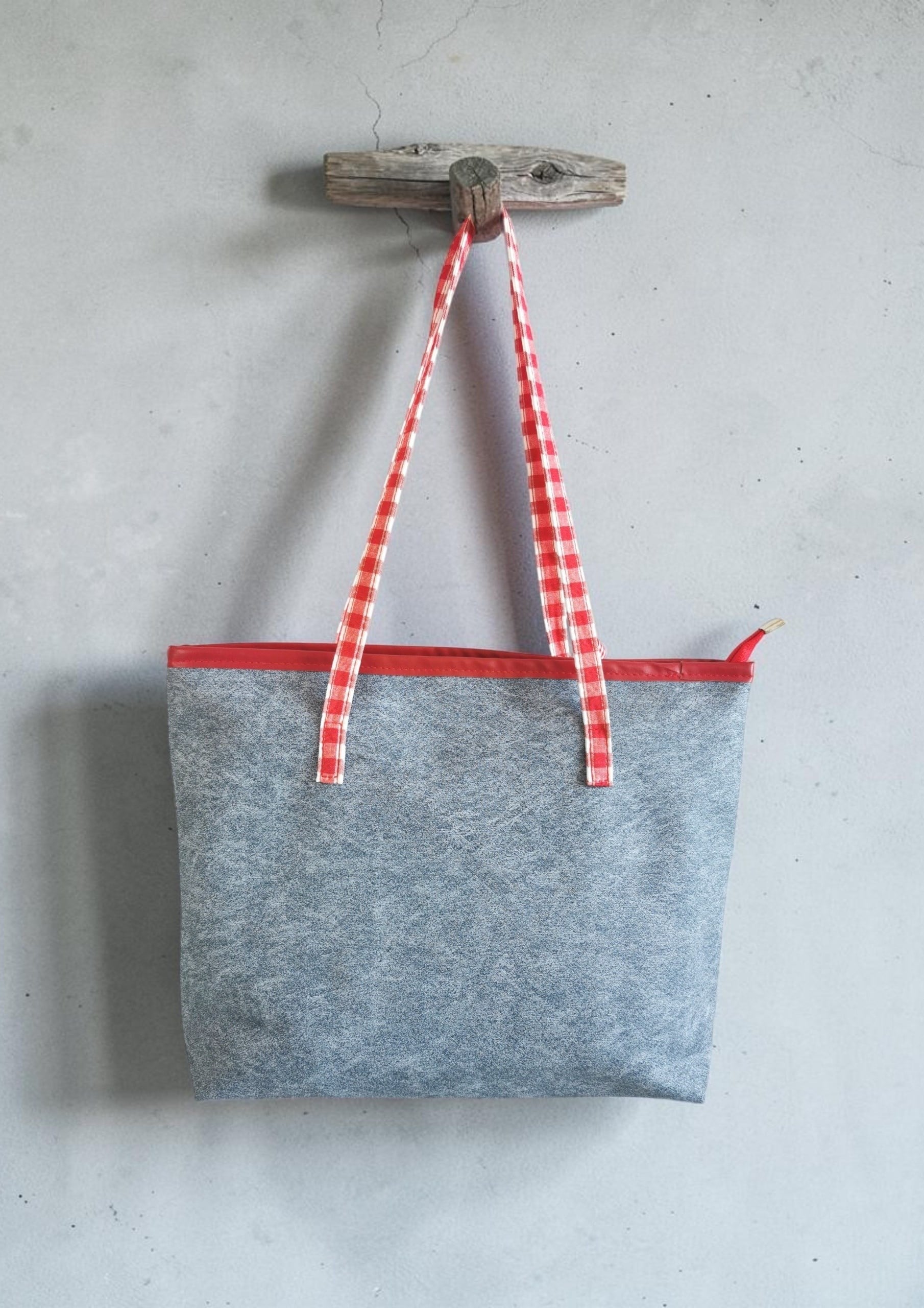 Kırmızı Pötikareli Kot Efektli Fermuarlı Kumaş Omuz Çantası 36x26 cm