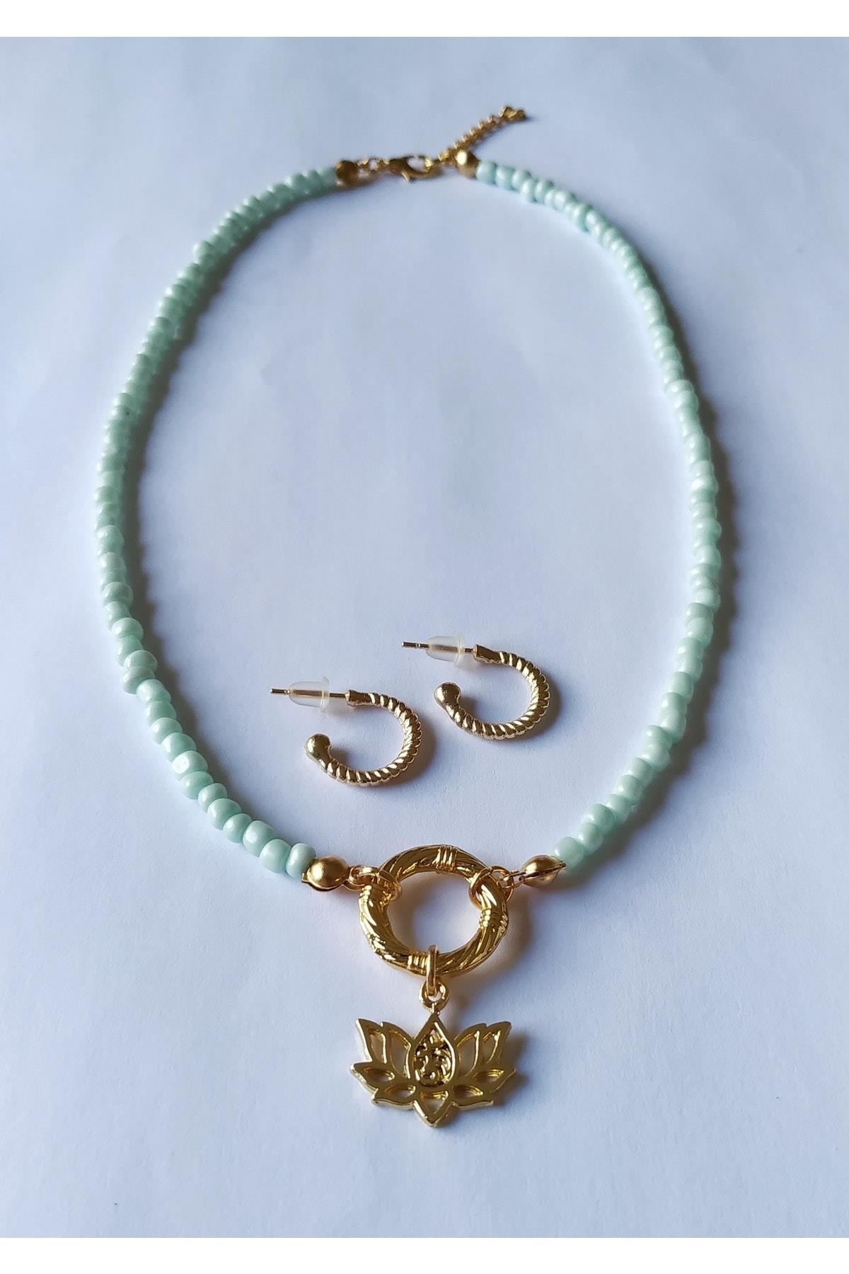 Lotus Çiçeği Kolye Küpe Seti