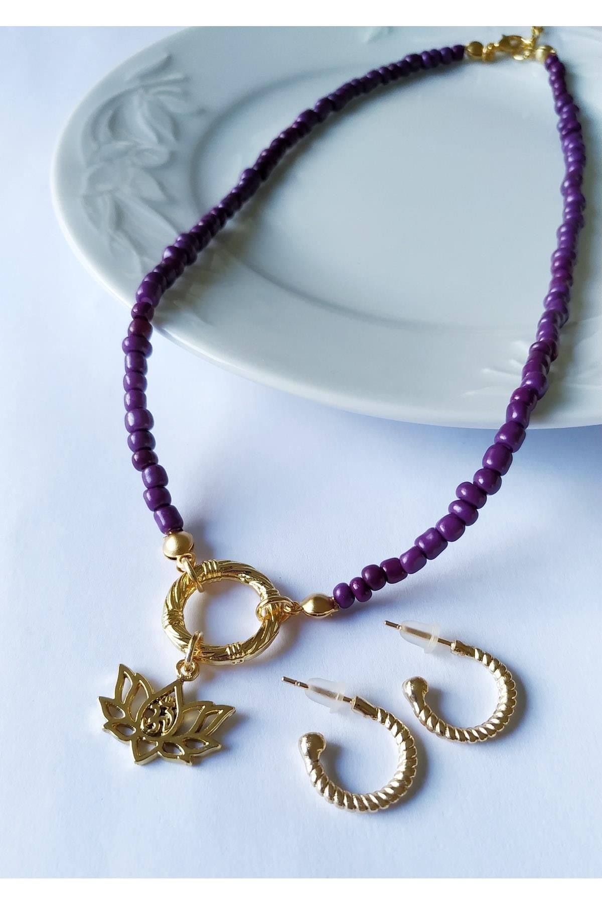 Lotus Çiçeği Kolye Küpe Seti