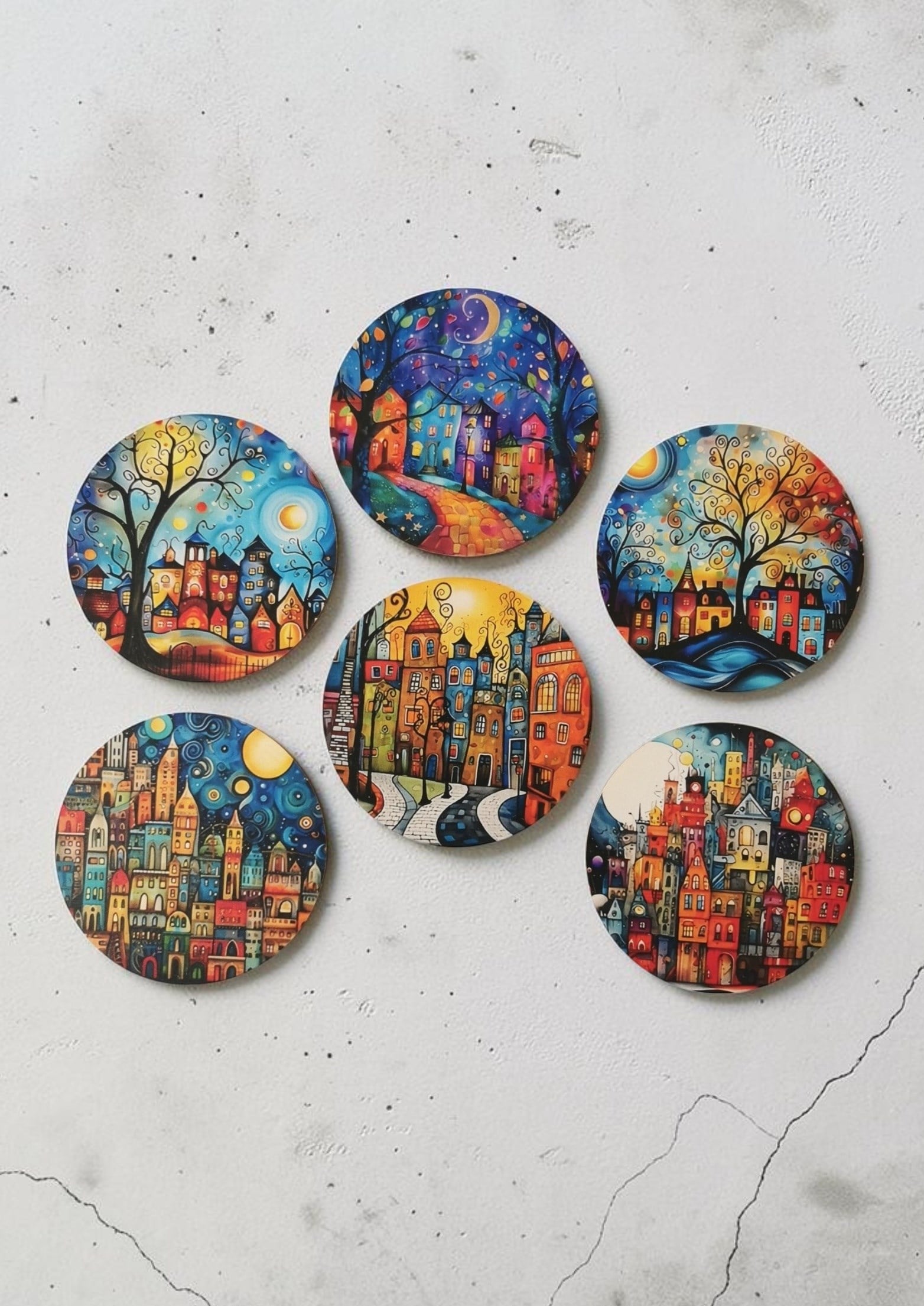 Masalsı Şehir Desenli Dekoratif Ahşap Bardak Altlığı Çap 10 cm