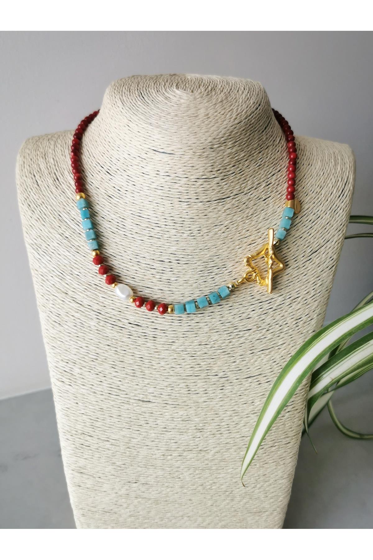 Özel Tasarım Mercan, Amazonit Doğaltaş Kadın Kolye