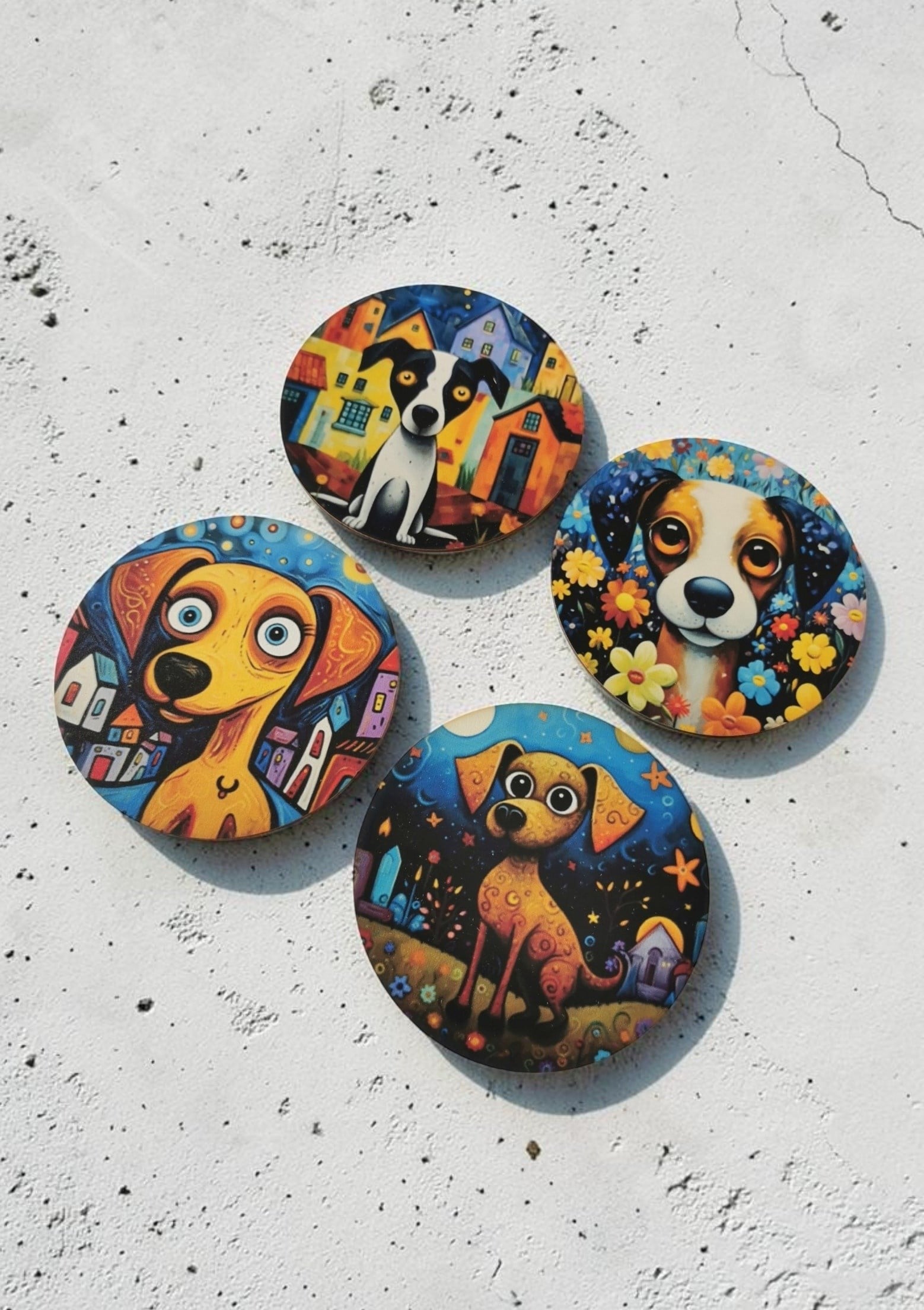 Pop Art Köpek Desenli Dekoratif Ahşap Bardak Altlığı Çap 10 cm