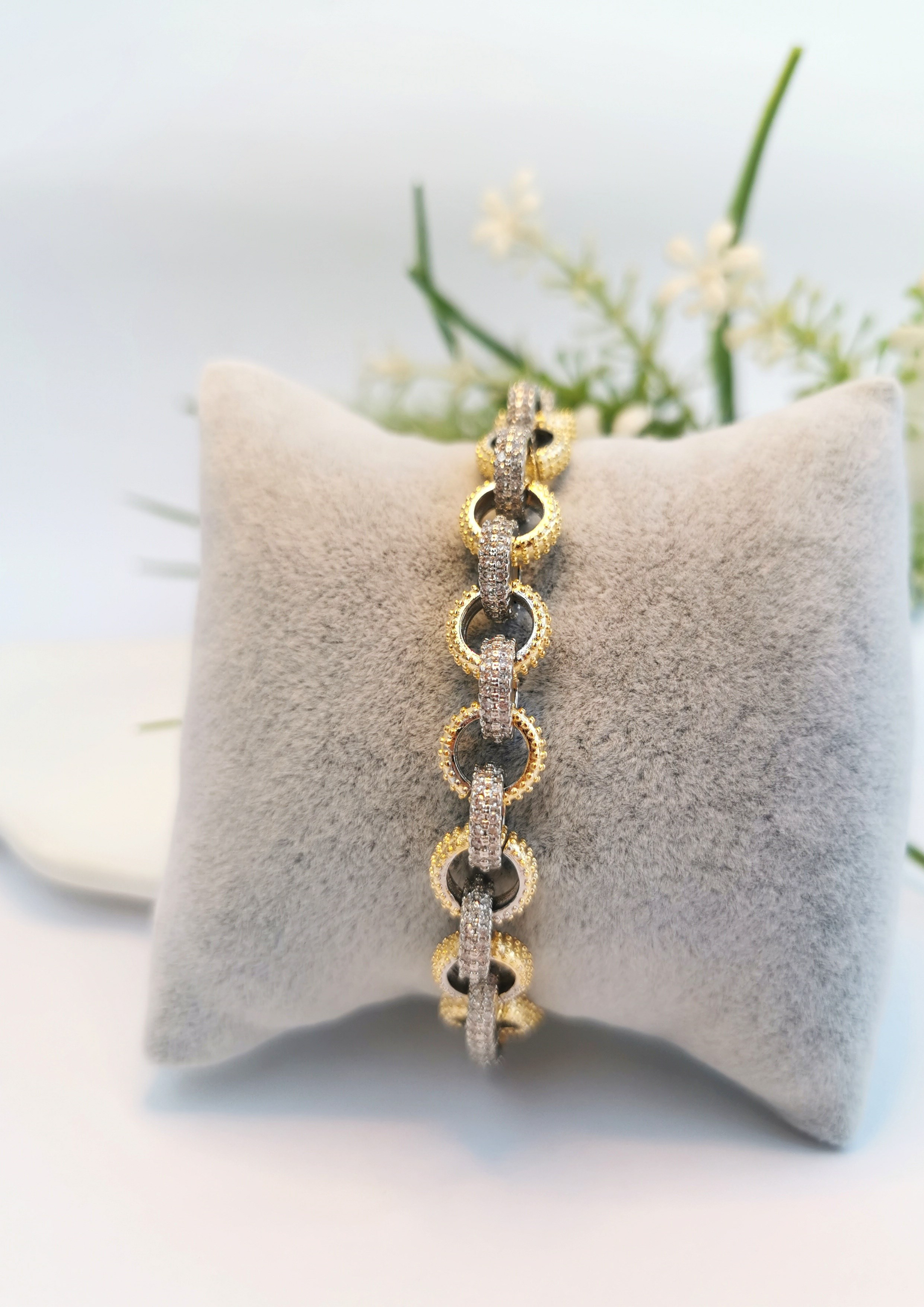 VIP Çift Halkalı Gold & Silver Zirkon Çelik Bileklik