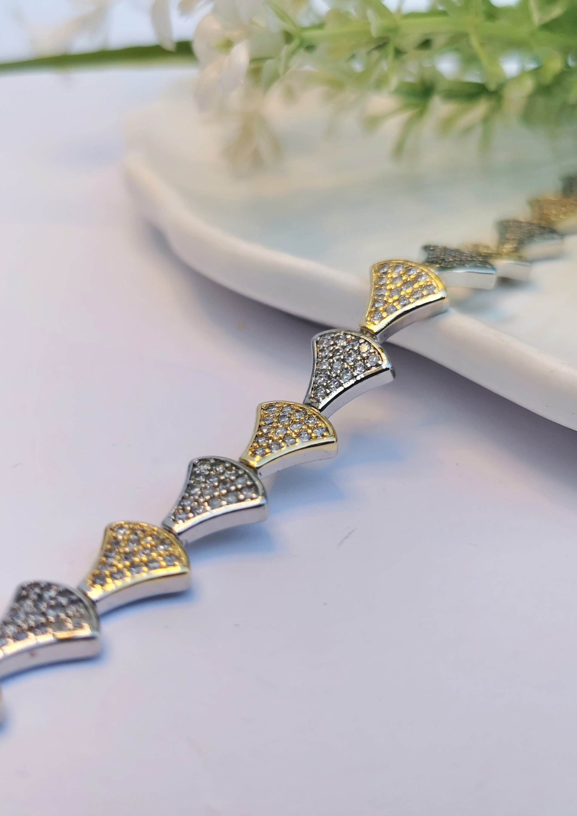 VIP Yelpaze Gold & Silver Zirkon Çelik Bileklik