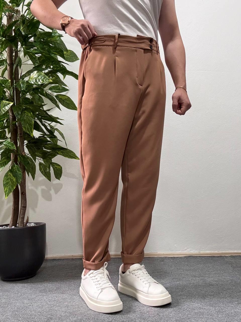  Kahverengi Yandan Kemerli Pileli Baggy Kumaş Pantolon