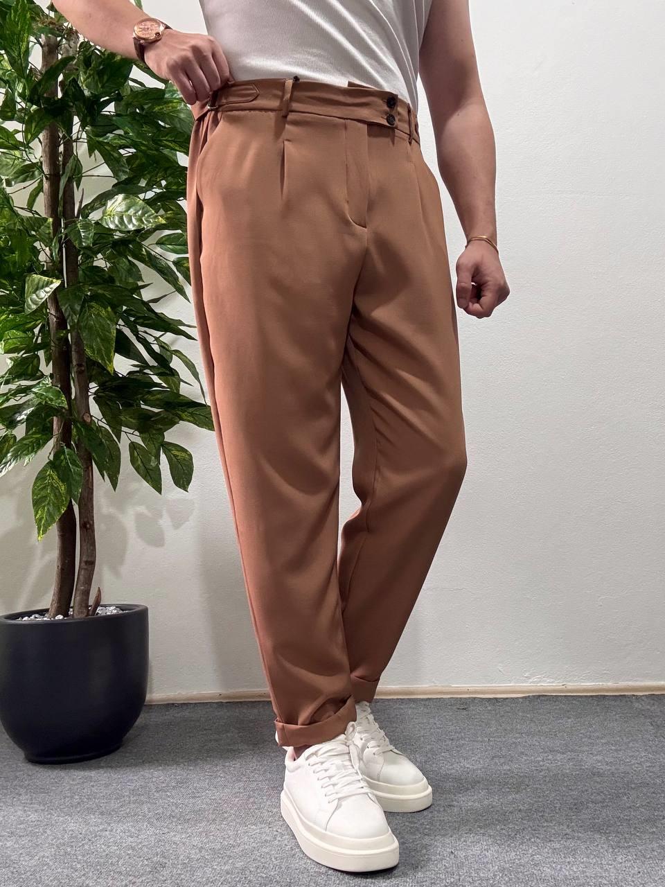  Kahverengi Yandan Kemerli Pileli Baggy Kumaş Pantolon