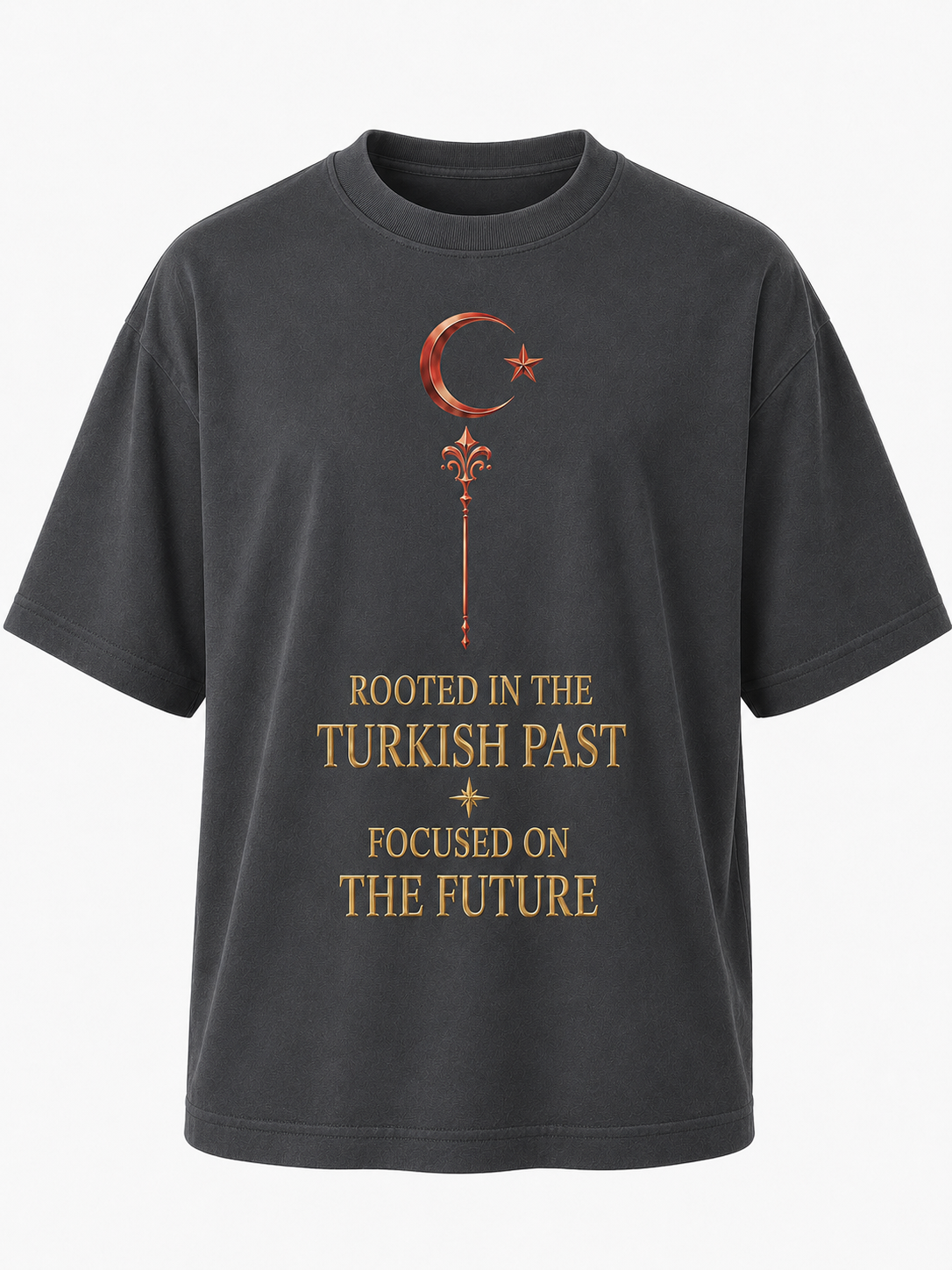 Eskitme Gold Ay Yıldız Premıum Antrasit Gri Oversize T-shırt