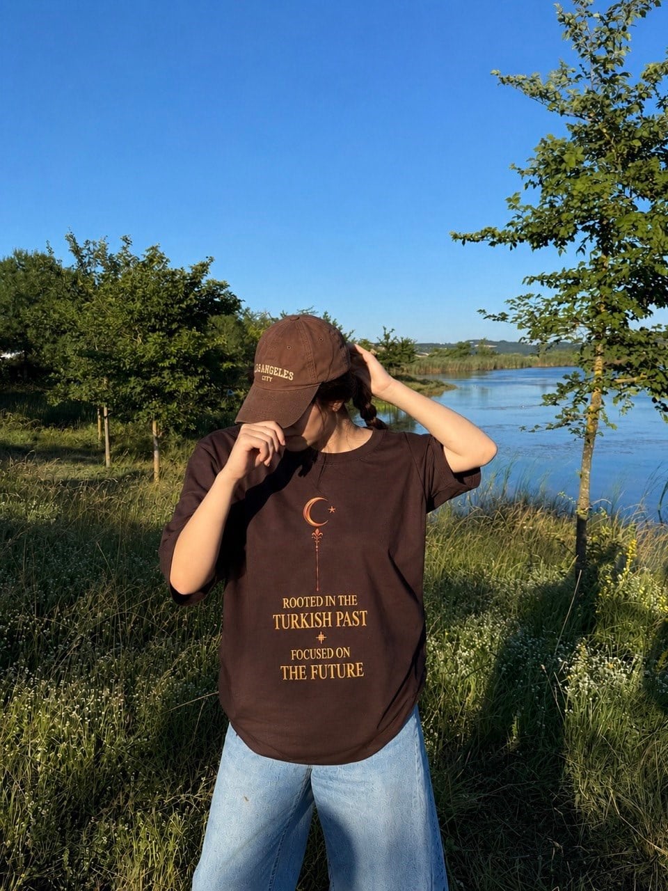 Eskitme Gold Ay Yıldız Premıum Kahverengi Oversize T-shırt
