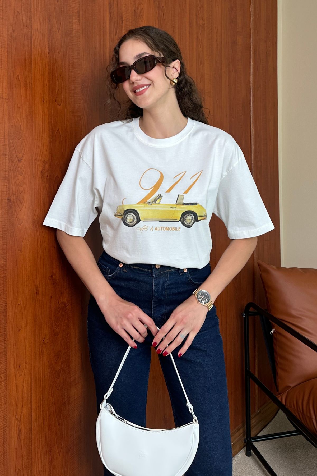 Araba Baskılı T-Shirt - BEYAZ