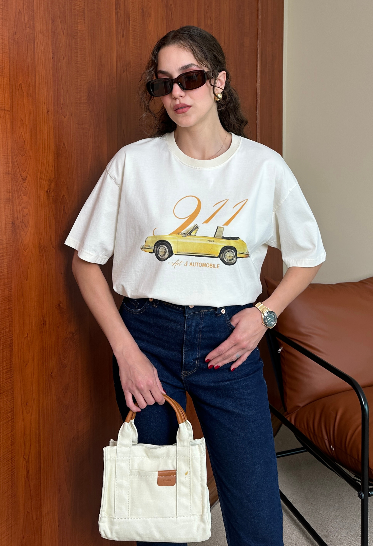 Araba Baskılı T-Shirt - KREM