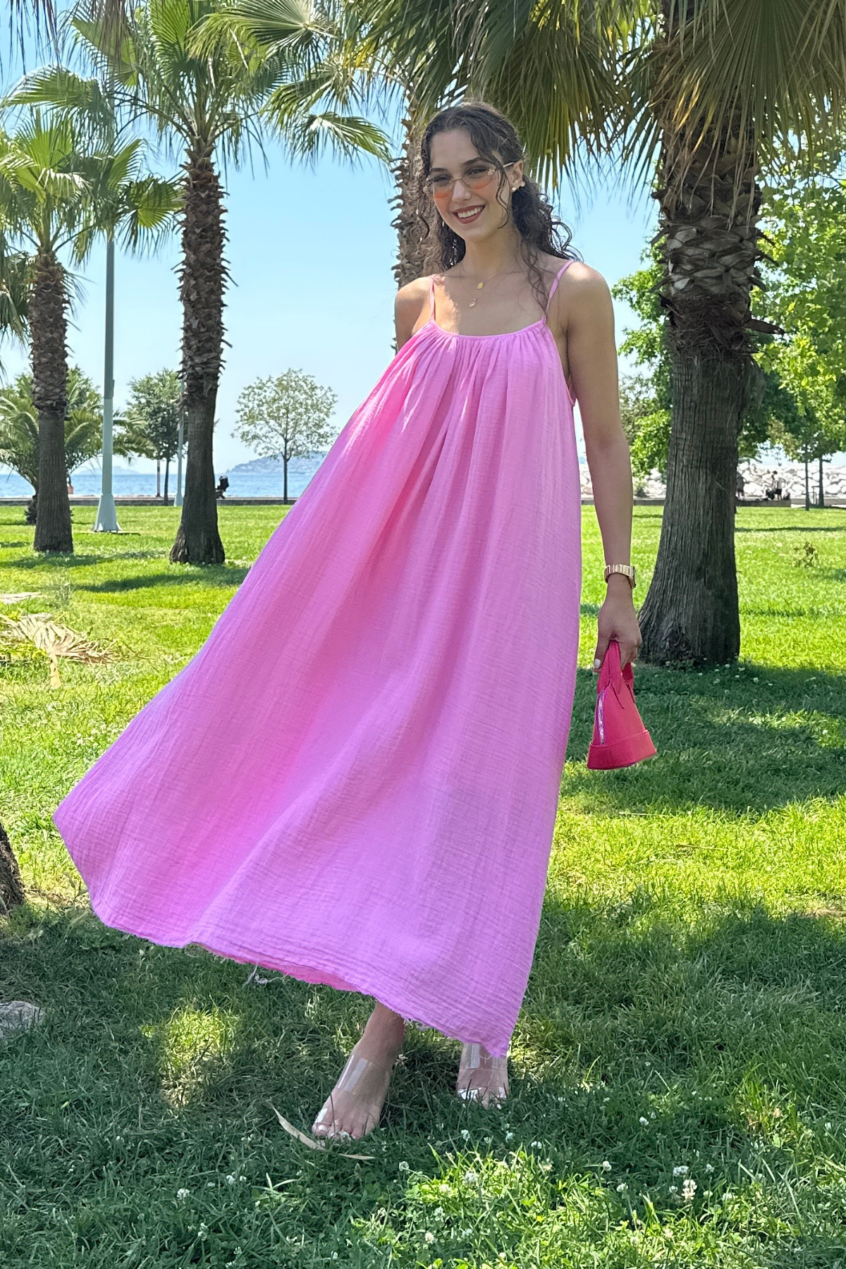 Askılı Müslin Elbise - PEMBE