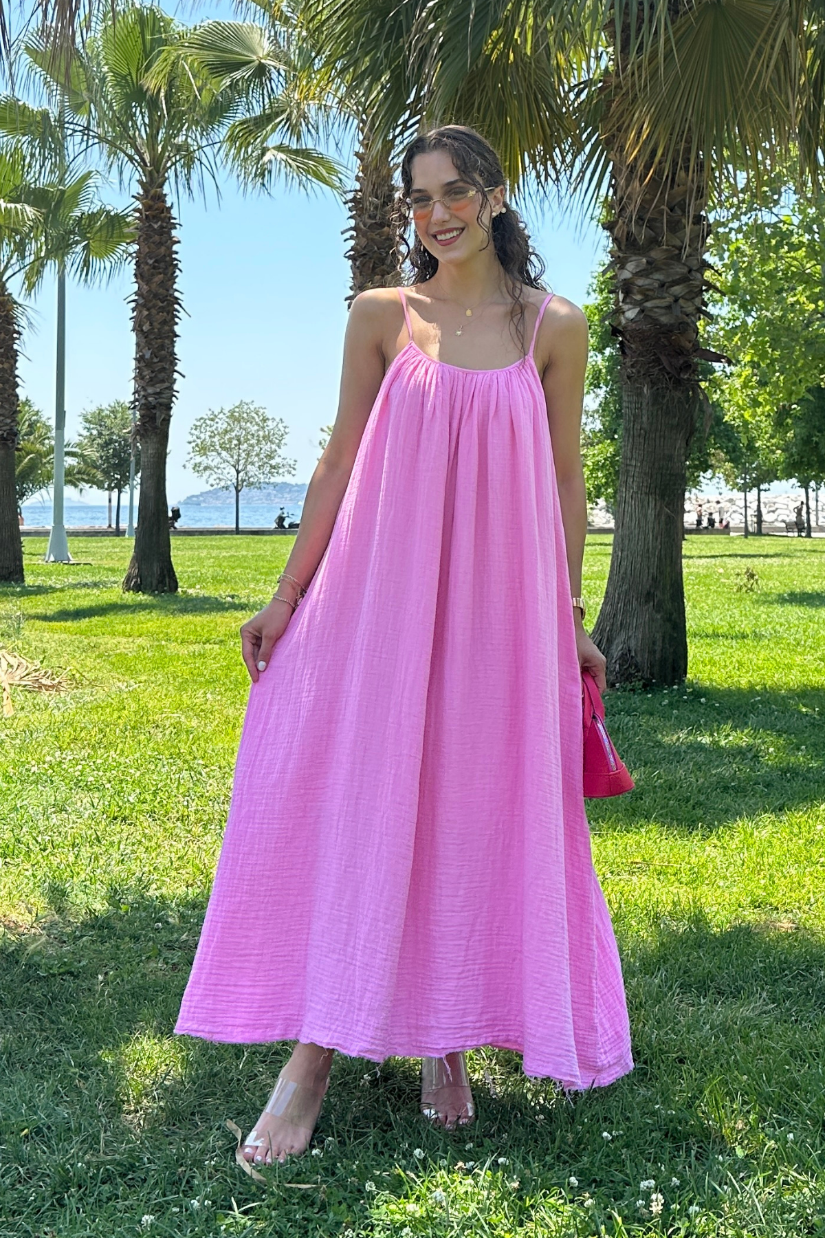 Askılı Müslin Elbise - PEMBE