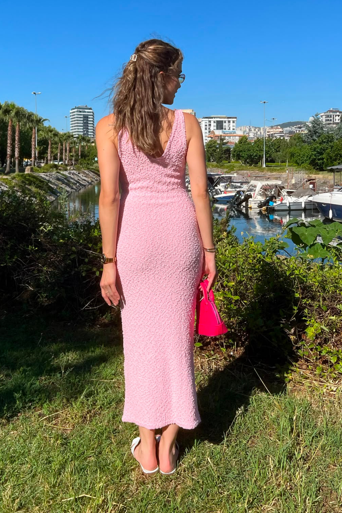 Askılı Örme Elbise - PEMBE