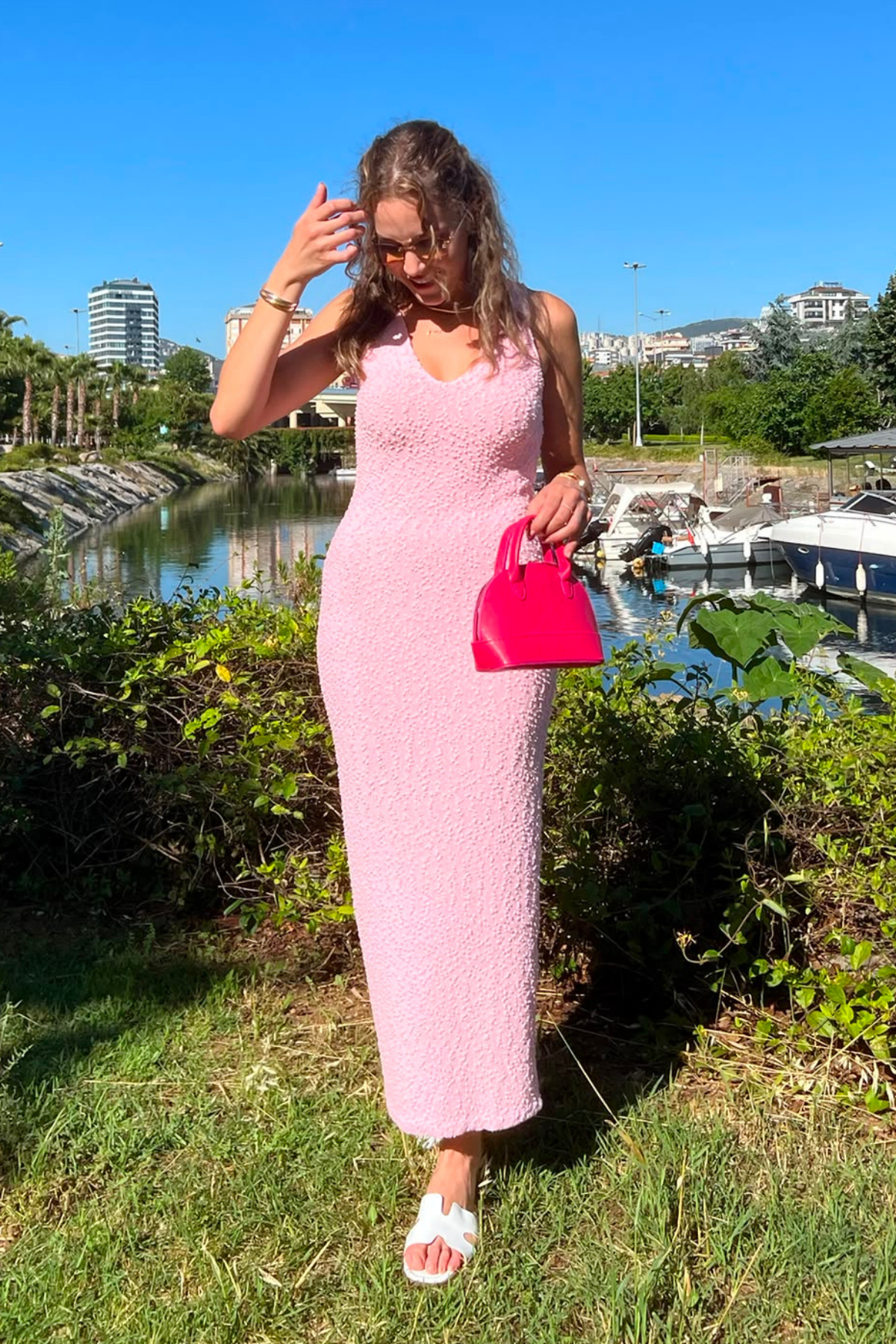 Askılı Örme Elbise - PEMBE