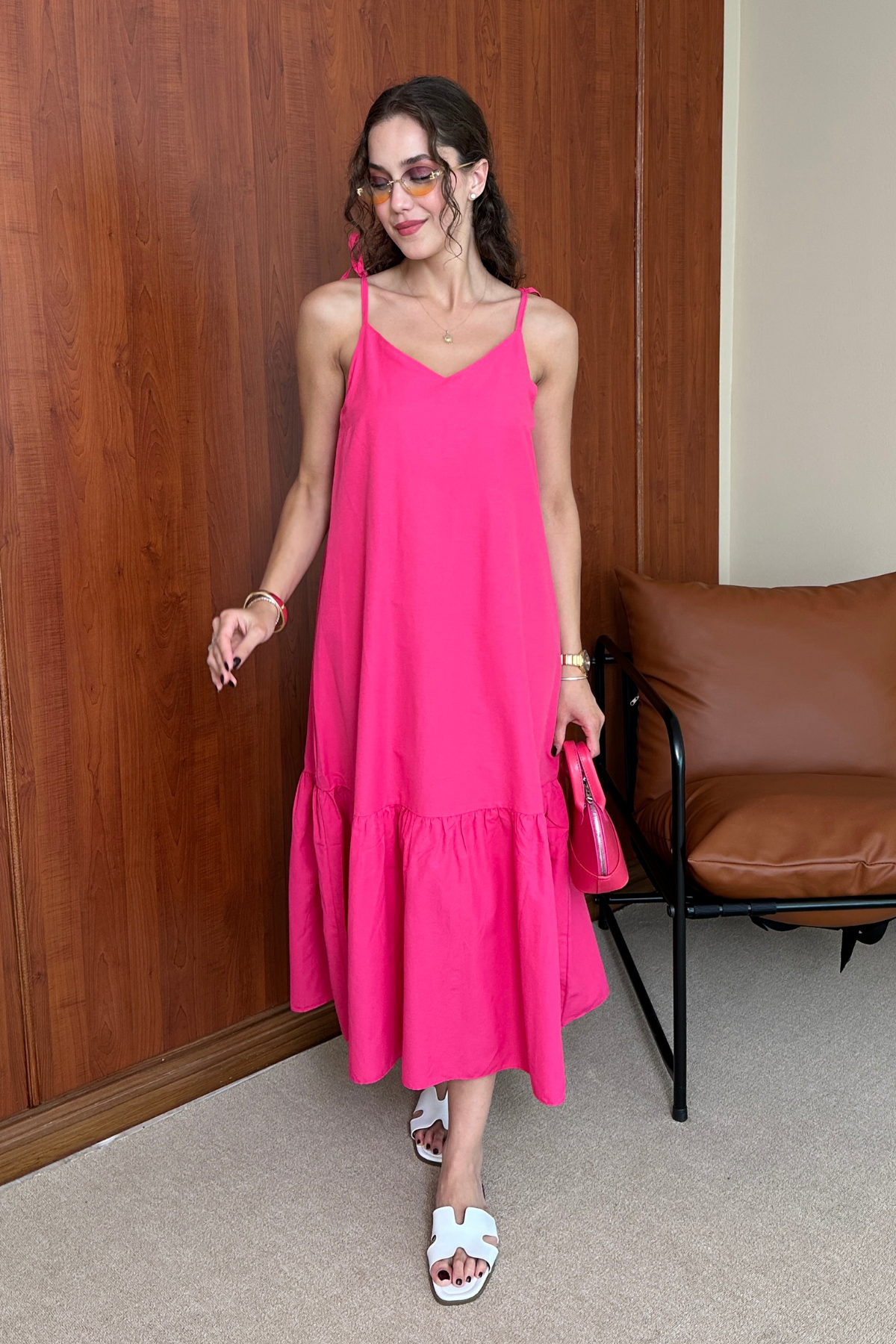 Askılı Poplin Elbise - PEMBE